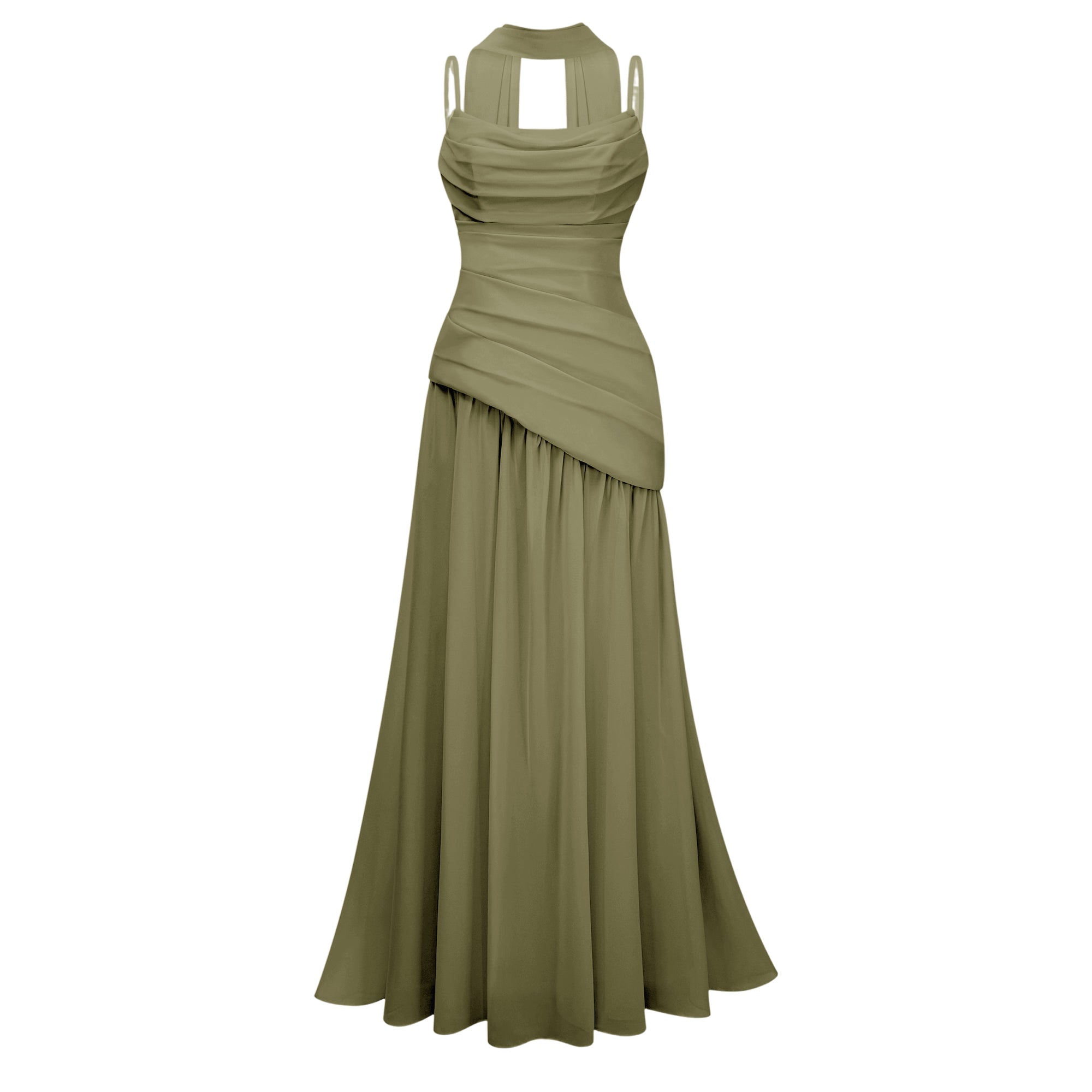 Vestido maxi sin tirantes Romane Green de chiffon, vestido largo de corsé ajustado y elegante para ocasiones especiales.