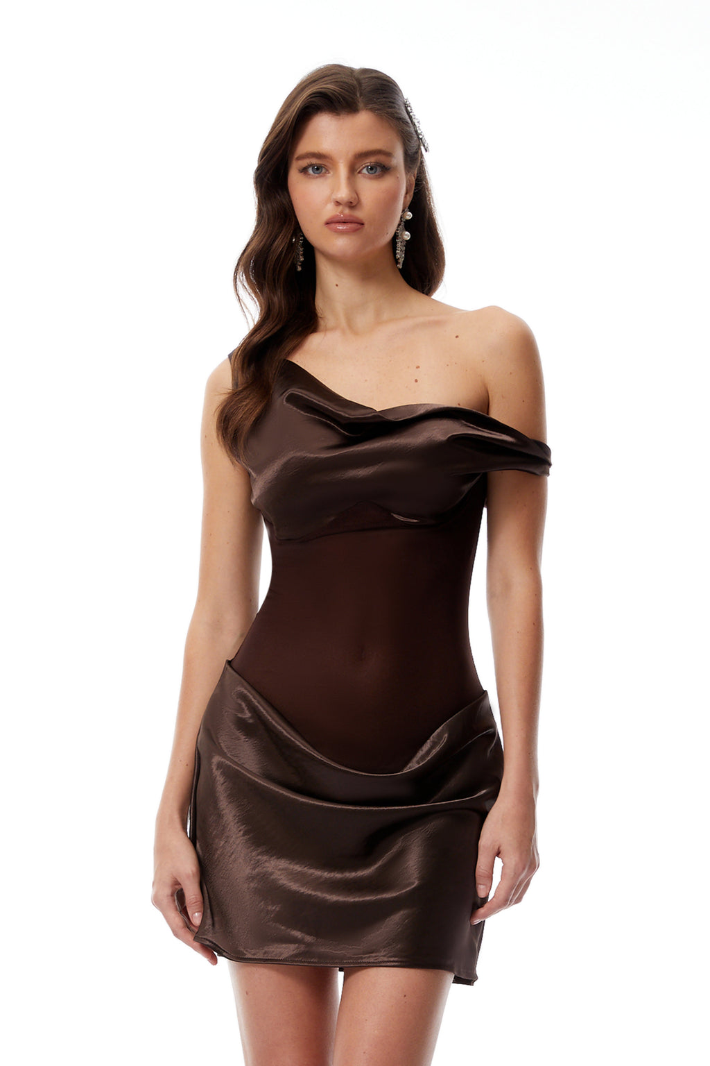 Pernilla Brown One Shoulder Satin Mini Dress (Final Sale-US Only)