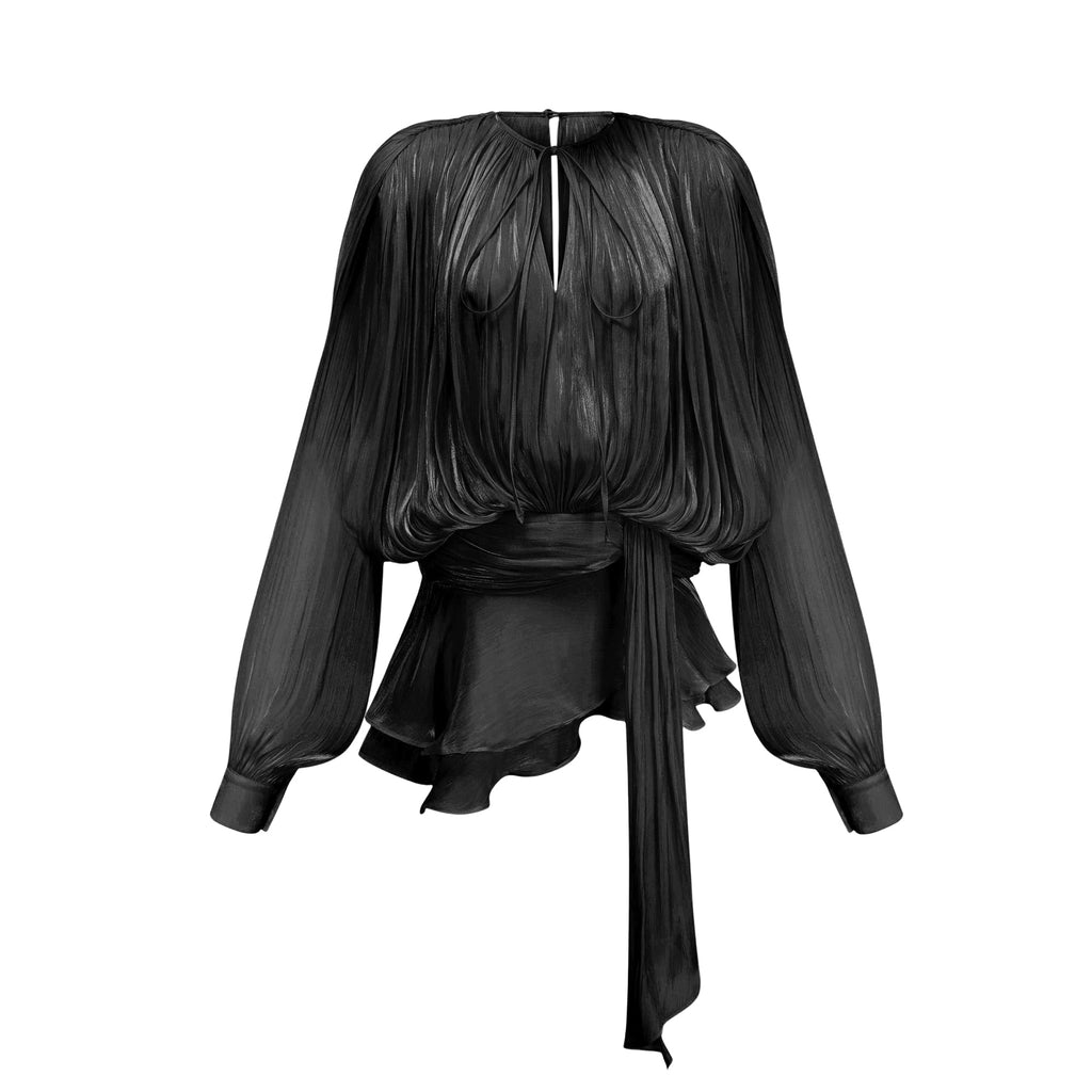 Eugénie Vestido mini negro con volantes y pliegues