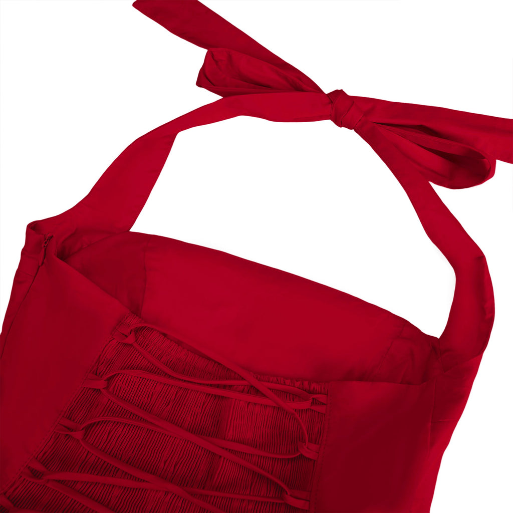 Vestido midi rojo Eponine con dobladillo acampanado en capas, estilo elegante y moderno, diseñado por Final Sale.