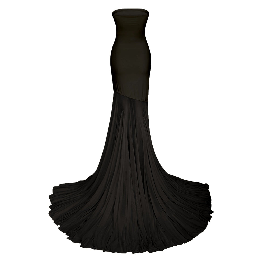 Vestido largo maxi negro de tul transparente con escote sin hombros de la marca Final Sale, diseñado para un estilo elegante y sofisticado.