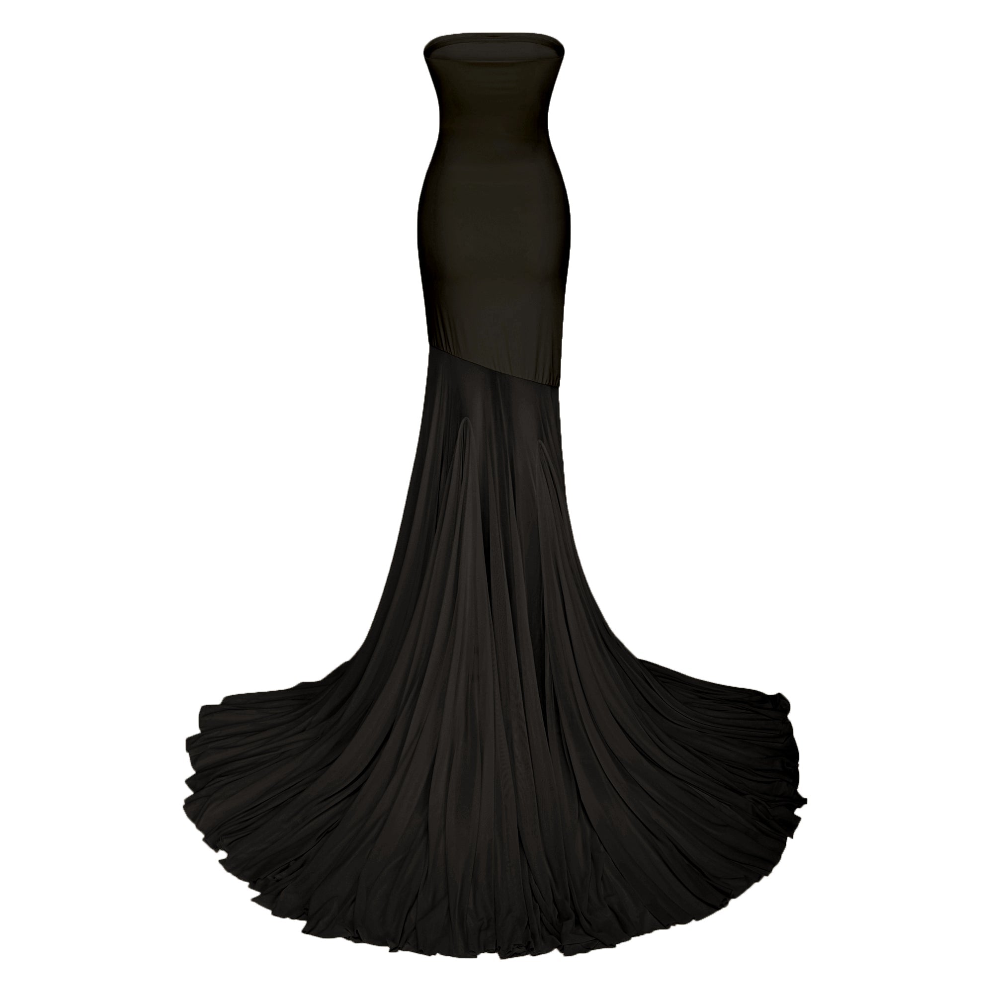 Vestido largo maxi negro de tul transparente con escote sin hombros de la marca Final Sale, diseñado para un estilo elegante y sofisticado.
