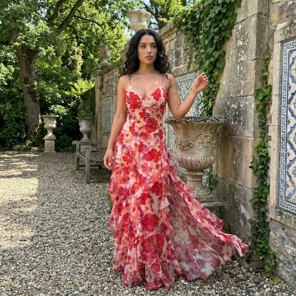 Vestido maxi con estampado floral y volantes de la marca SLIPPO®, ideal para invitadas de boda, con diseño elegante y femenino.