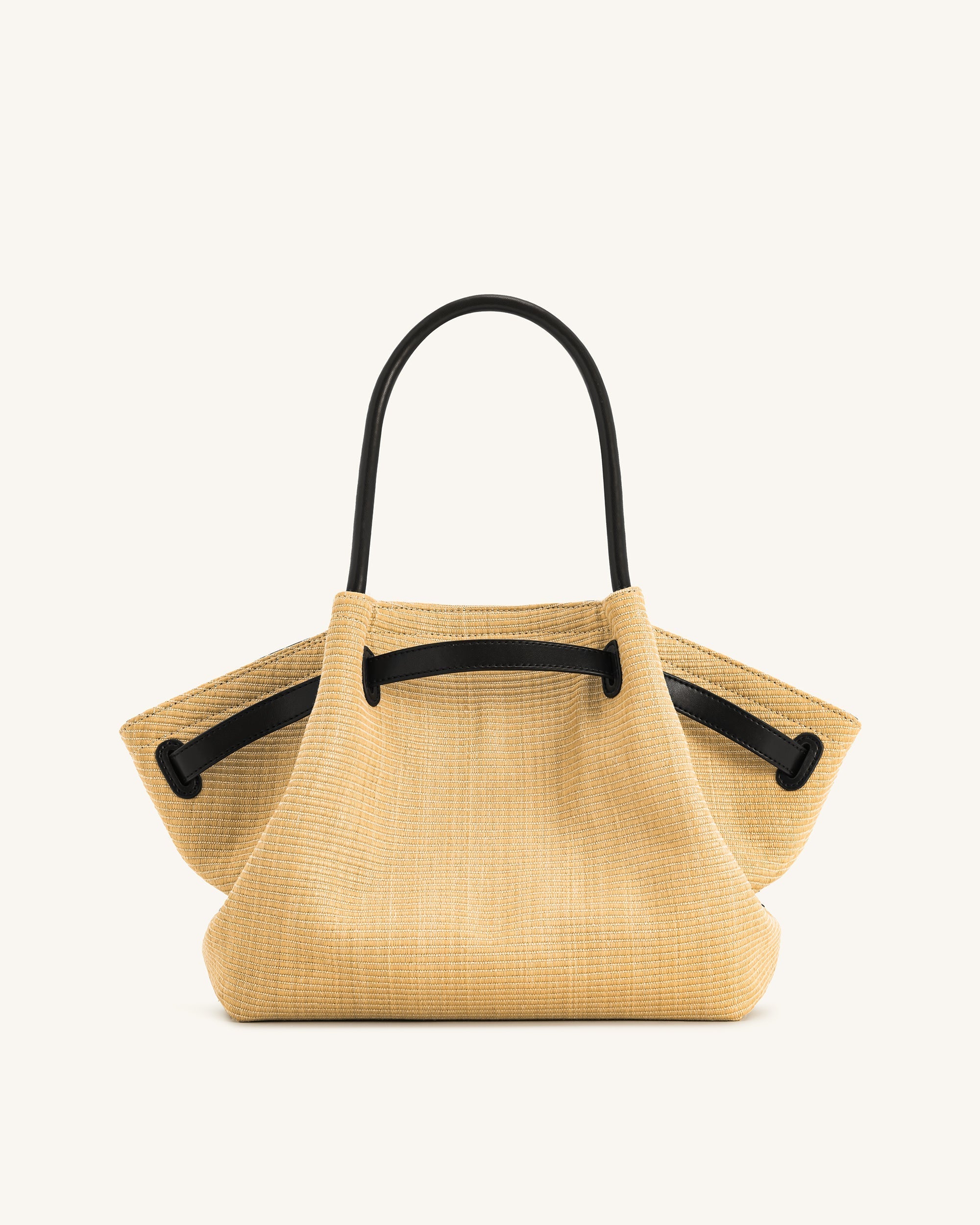 Bolsa tote mediana Hana de JW PEI en rafia marrón, estilo con asa de palma artificial y diseño espacioso.