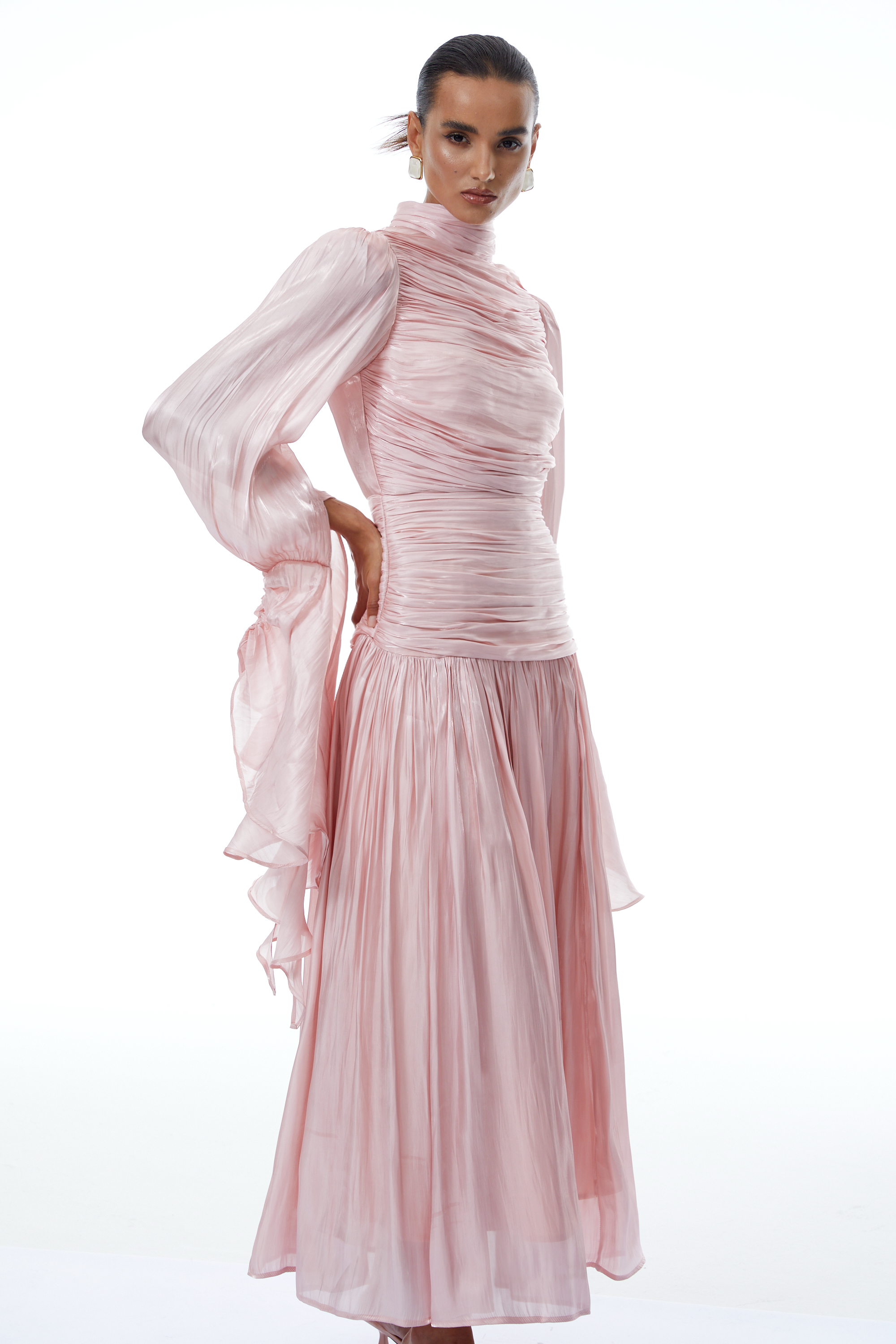 Sarolta Pink Glossy Ruched Maxi Dress (Final Sale-US Only)