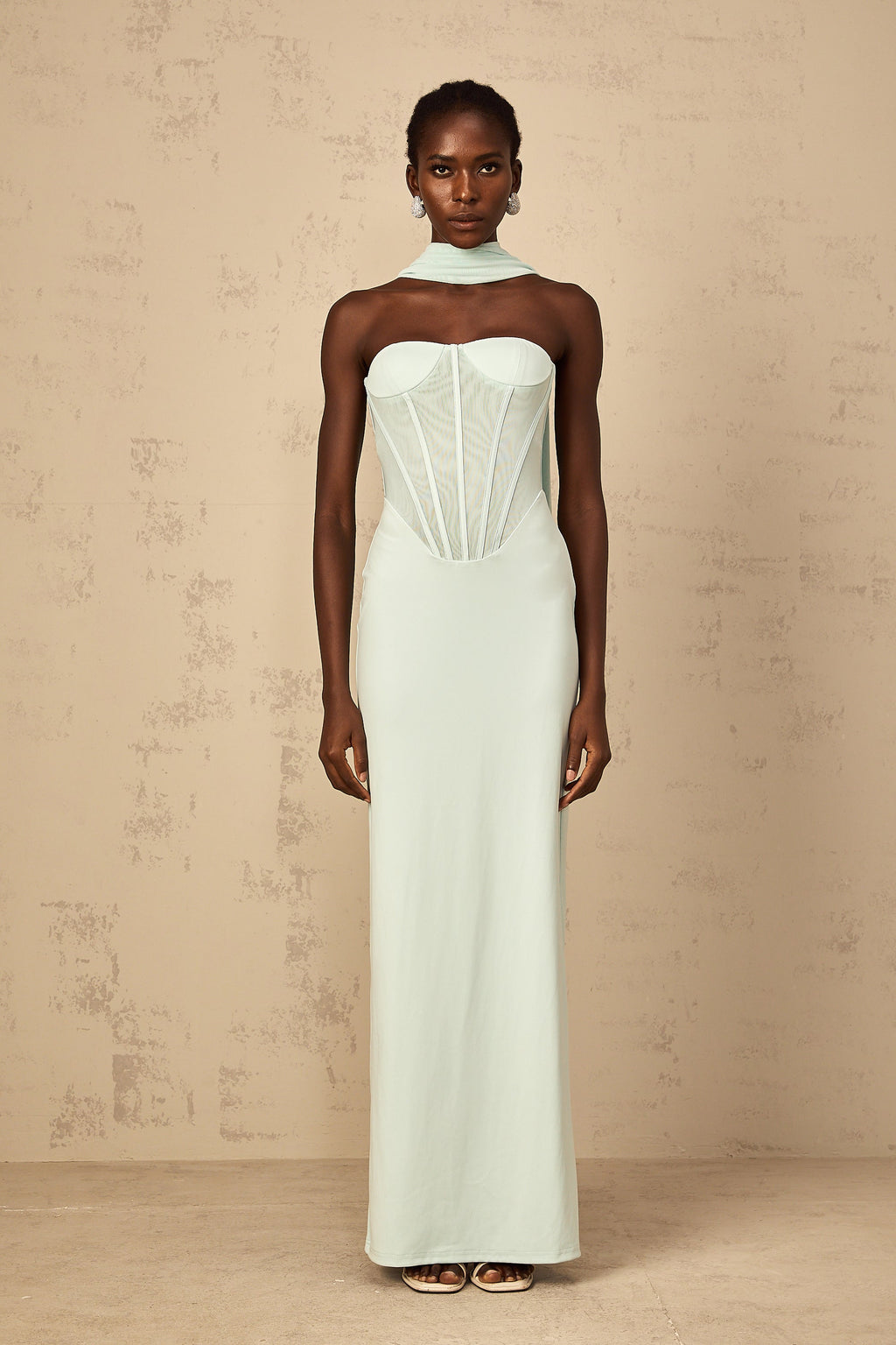 Béryl Tulle Panel Corset Maxi Dress in Mint Green (Final Sale-US Only)