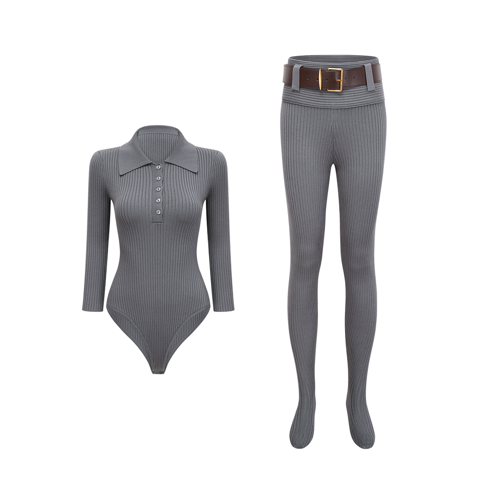 Conjunto de punto gris con cuerpo y pantalones de la marca Final Sale, tejido acanalado y ajustado, en color gris claro.