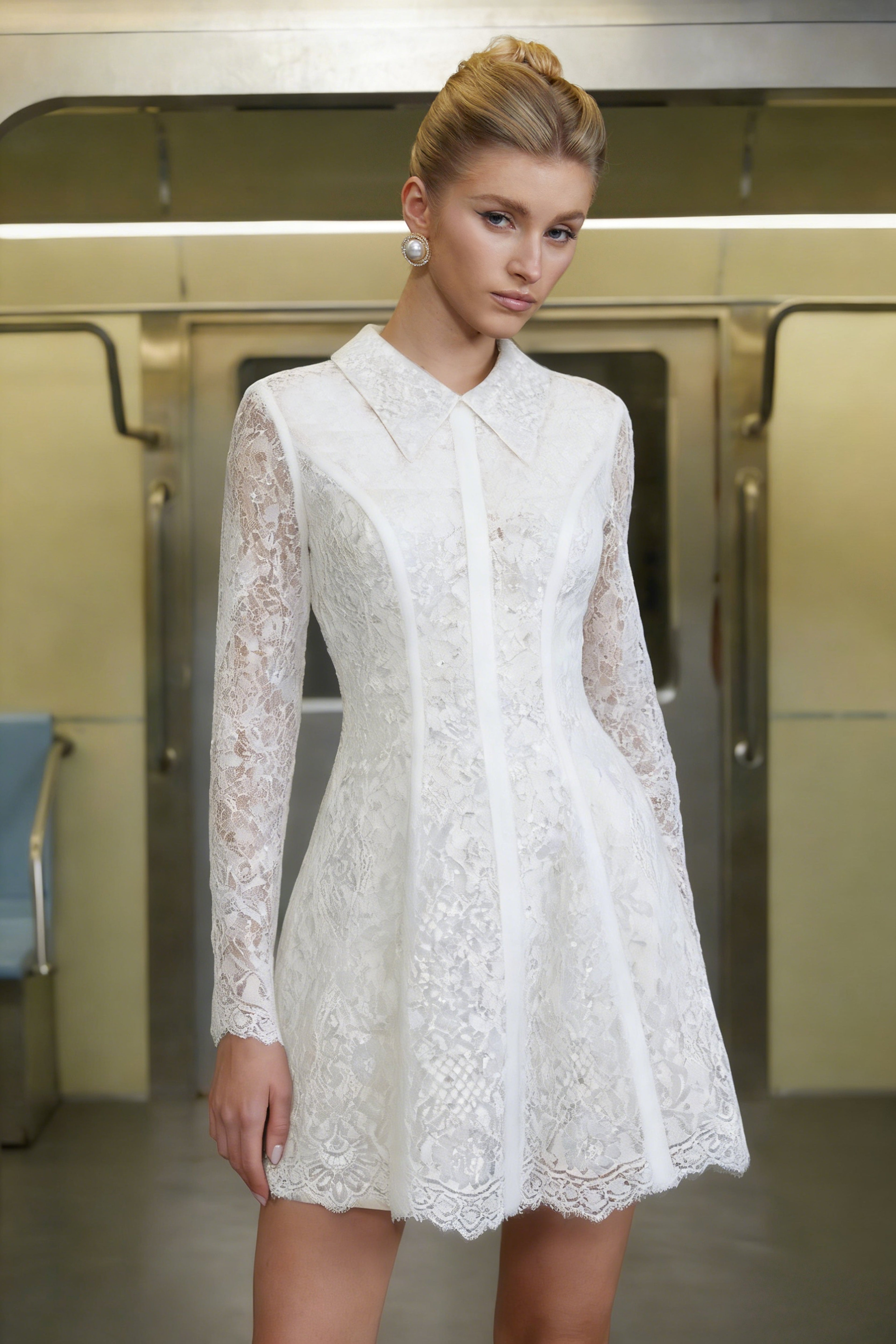 Aleksandra White Sequin Floral Lace Mini Dress