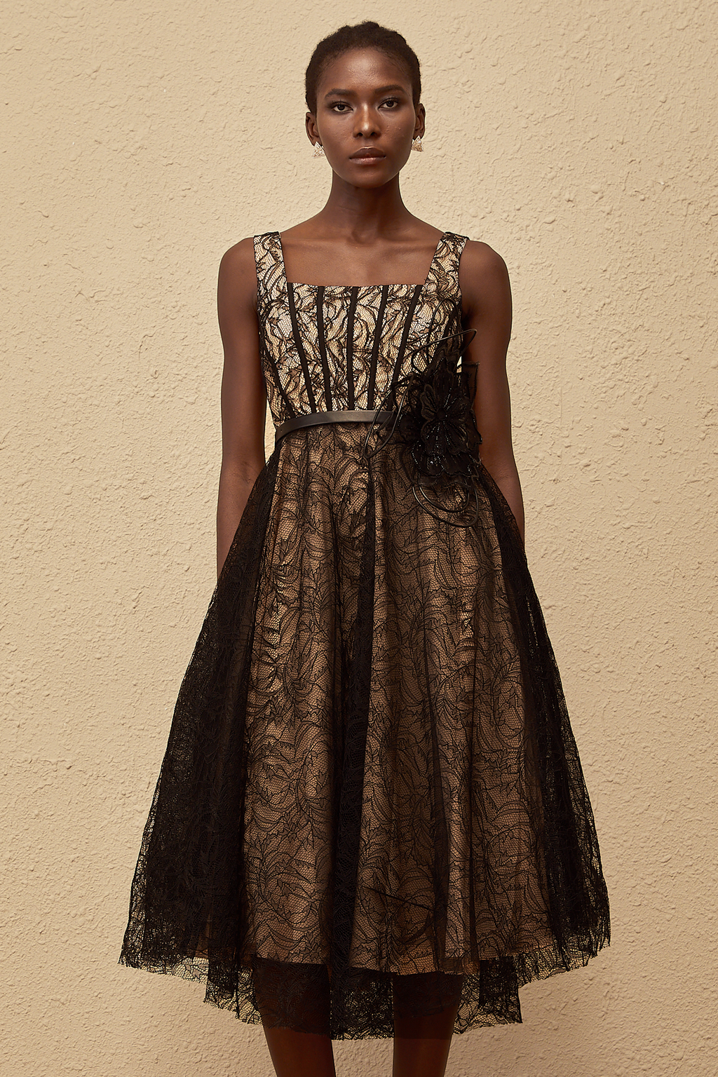 Sandrine Black Floral Lace Midi Dress (Final Sale-US Only)