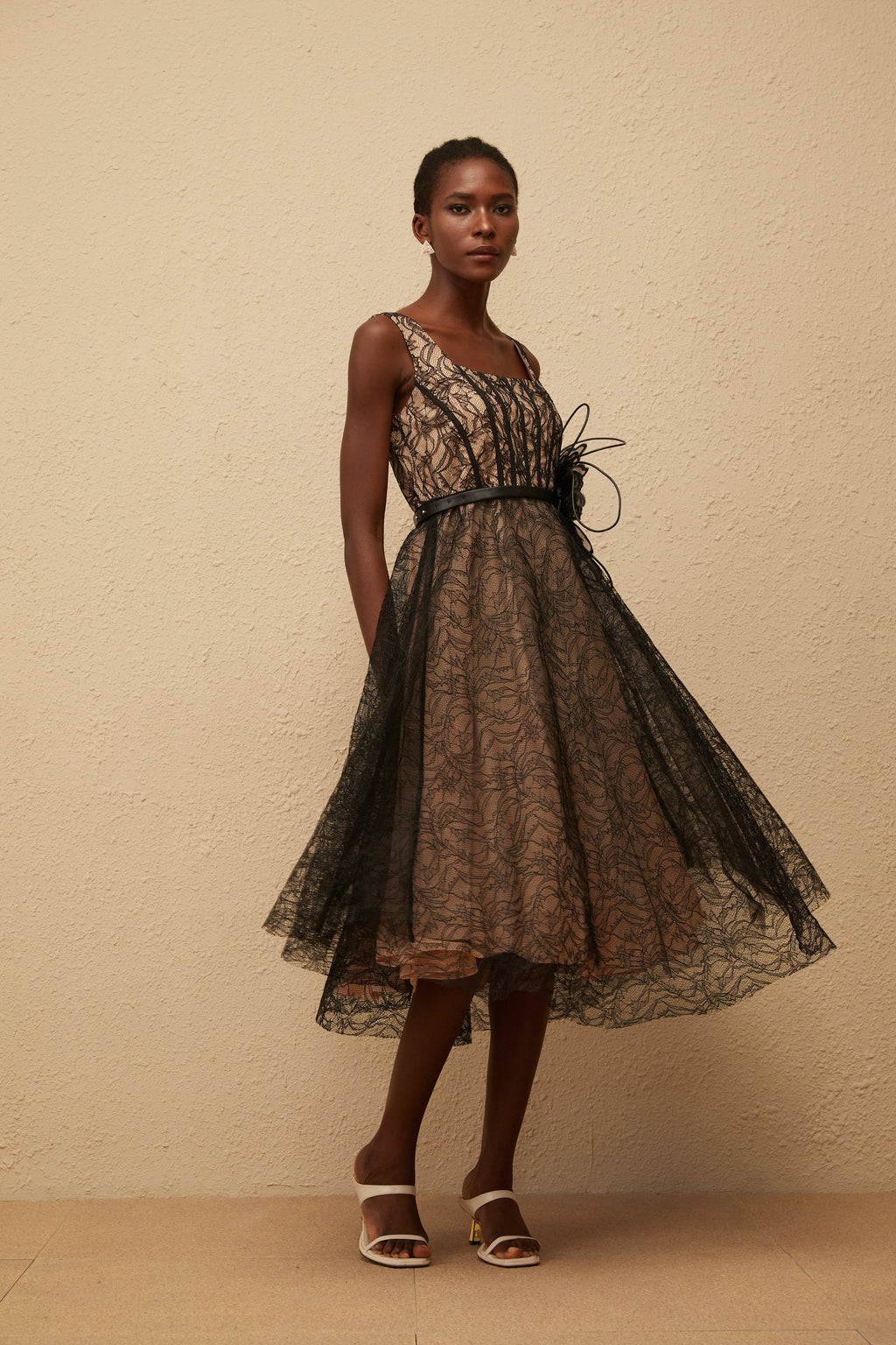 Sandrine Black Floral Lace Midi Dress (Final Sale-US Only)