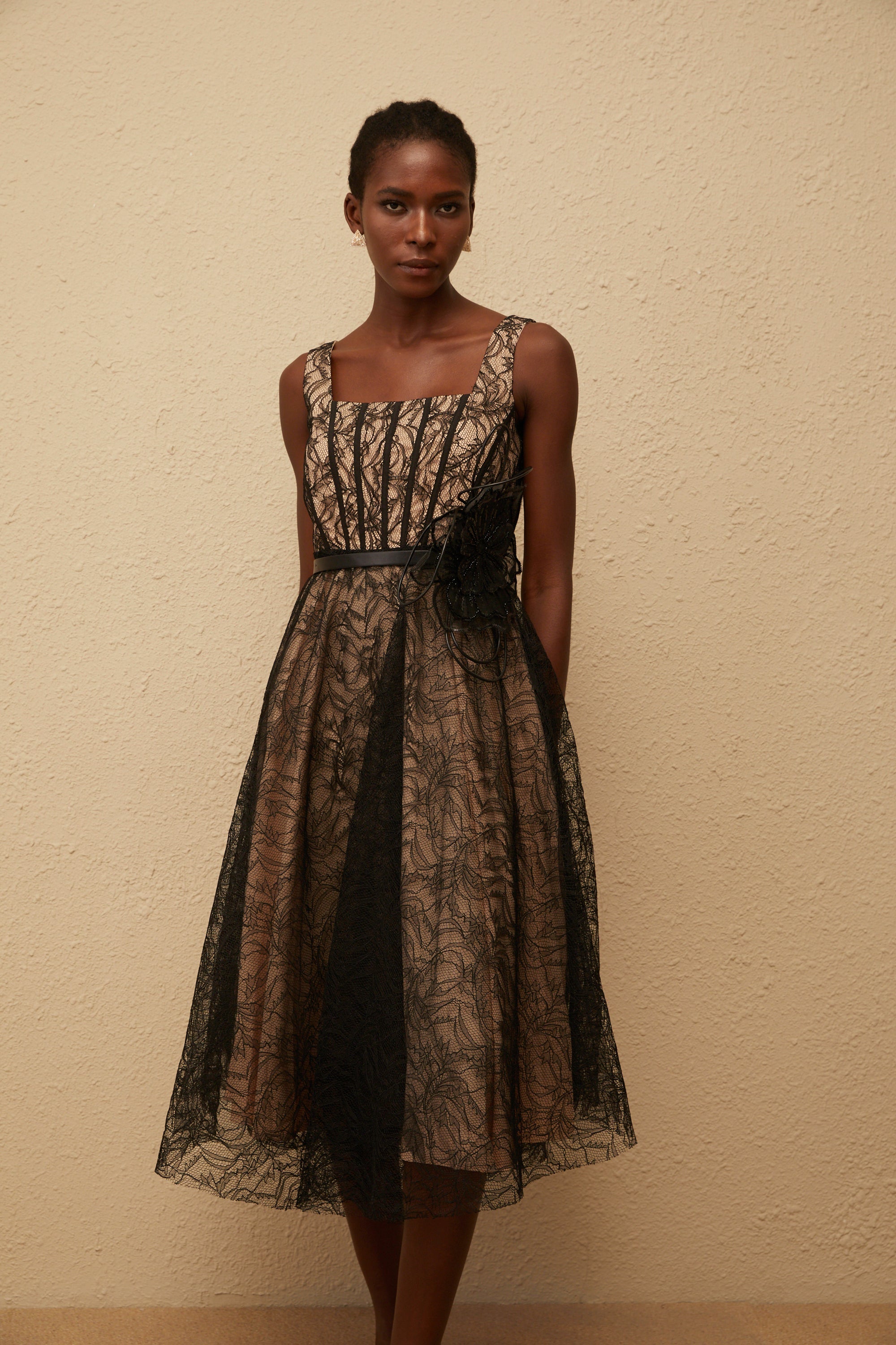 Sandrine Black Floral Lace Midi Dress (Final Sale-US Only)
