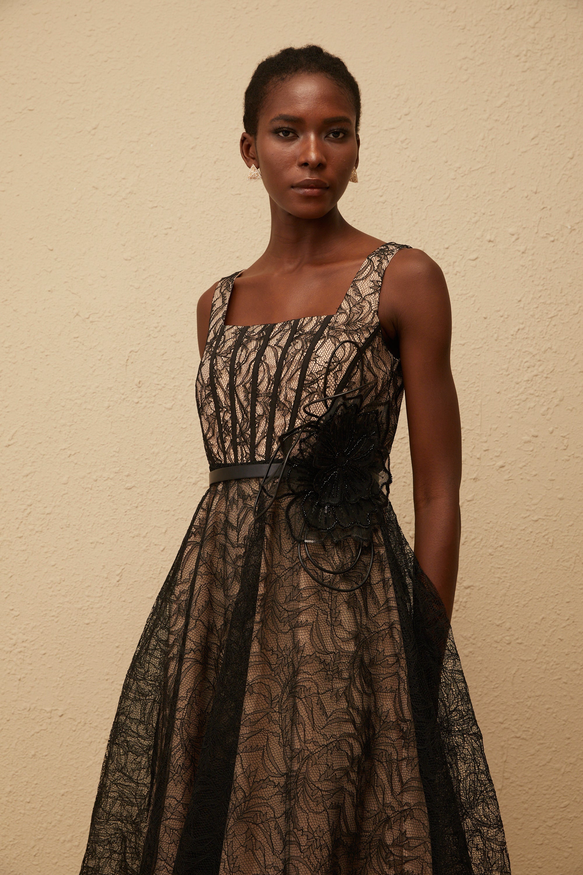 Sandrine Black Floral Lace Midi Dress (Final Sale-US Only)