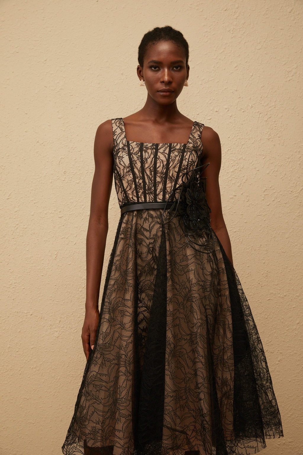 Sandrine Black Floral Lace Midi Dress (Final Sale-US Only)