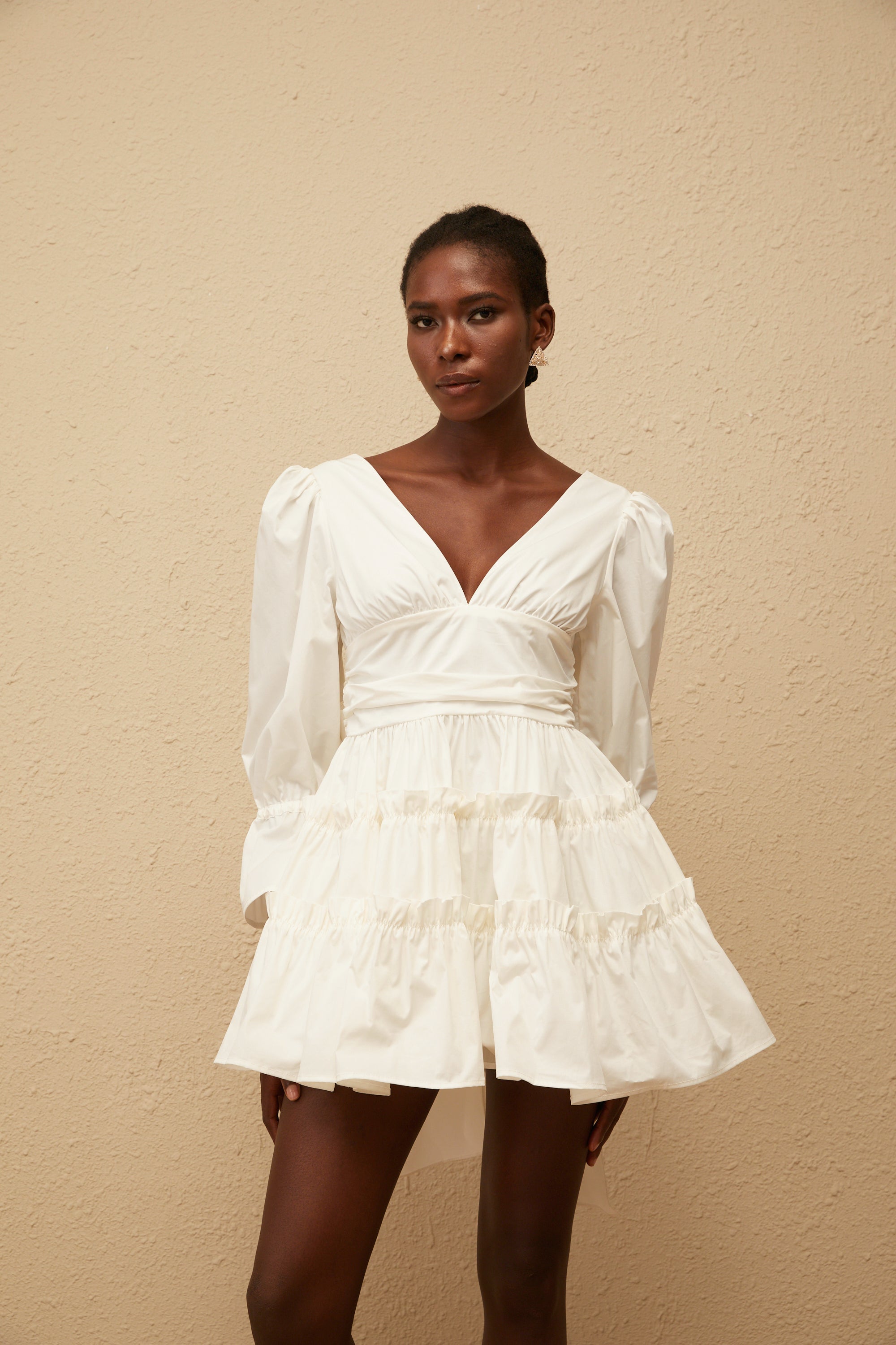 Jutta White Bowknot Shirred Mini Dress (Final Sale)