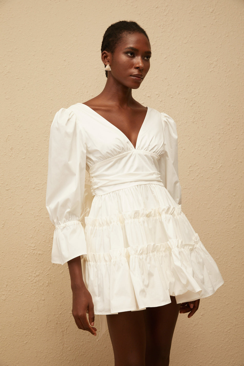Jutta White Bowknot Shirred Mini Dress (Final Sale)