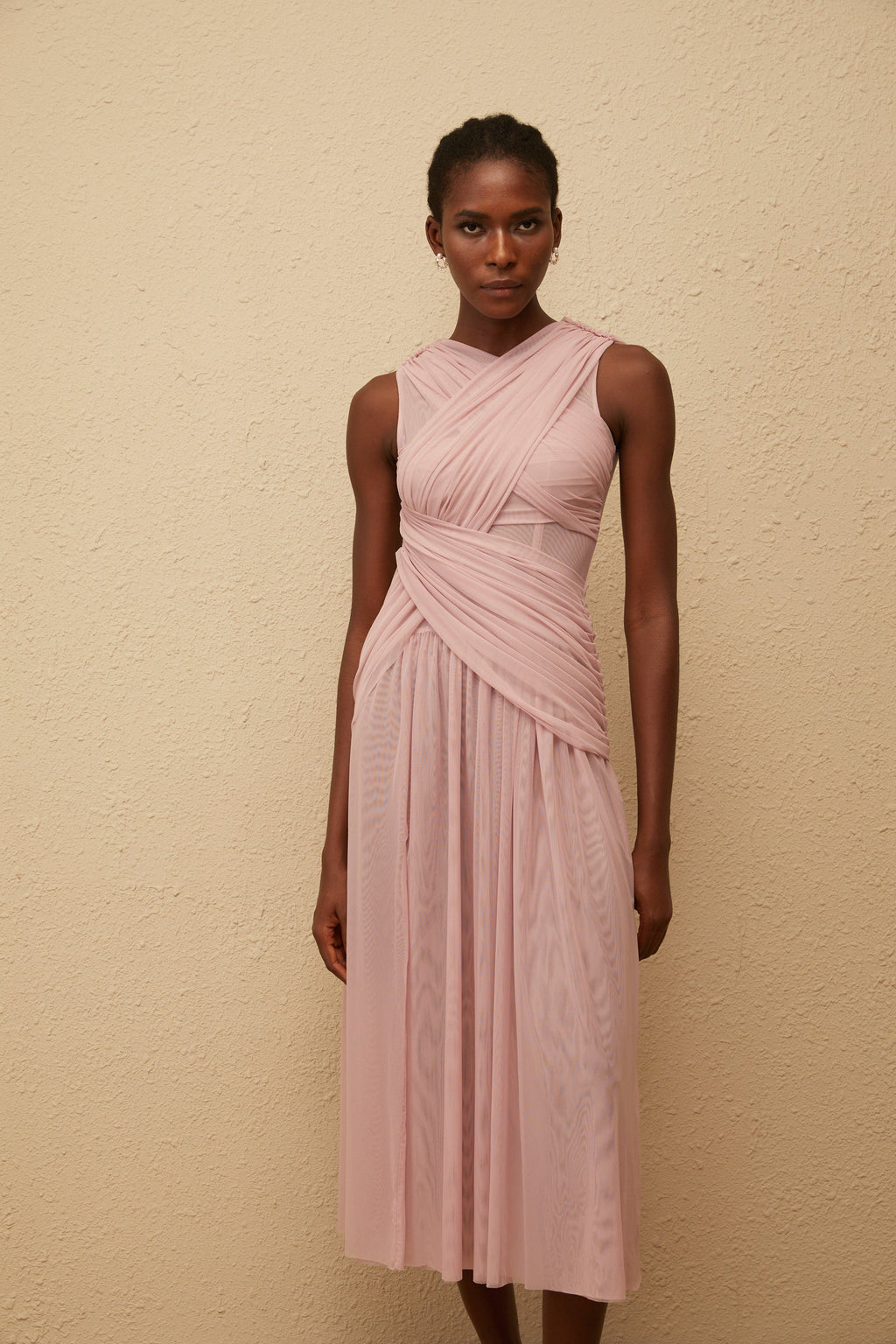 Sérénité Lilac Cross-Over Mesh Midi Dress (Final Sale-US Only)