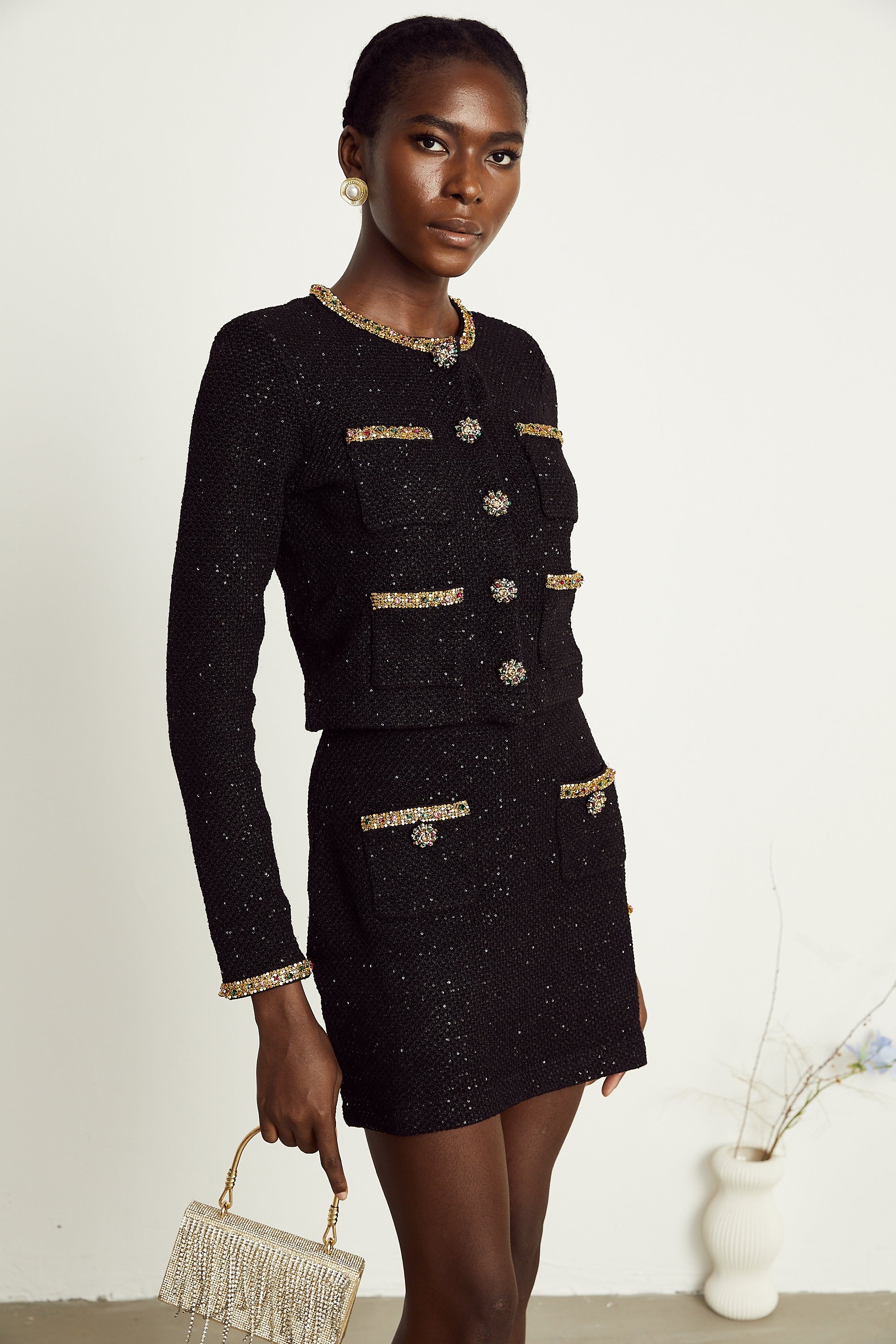 Conjunto de chaqueta y falda de tweed negro con lentejuelas de la marca Final Sale, elegante y a la moda para mujer.