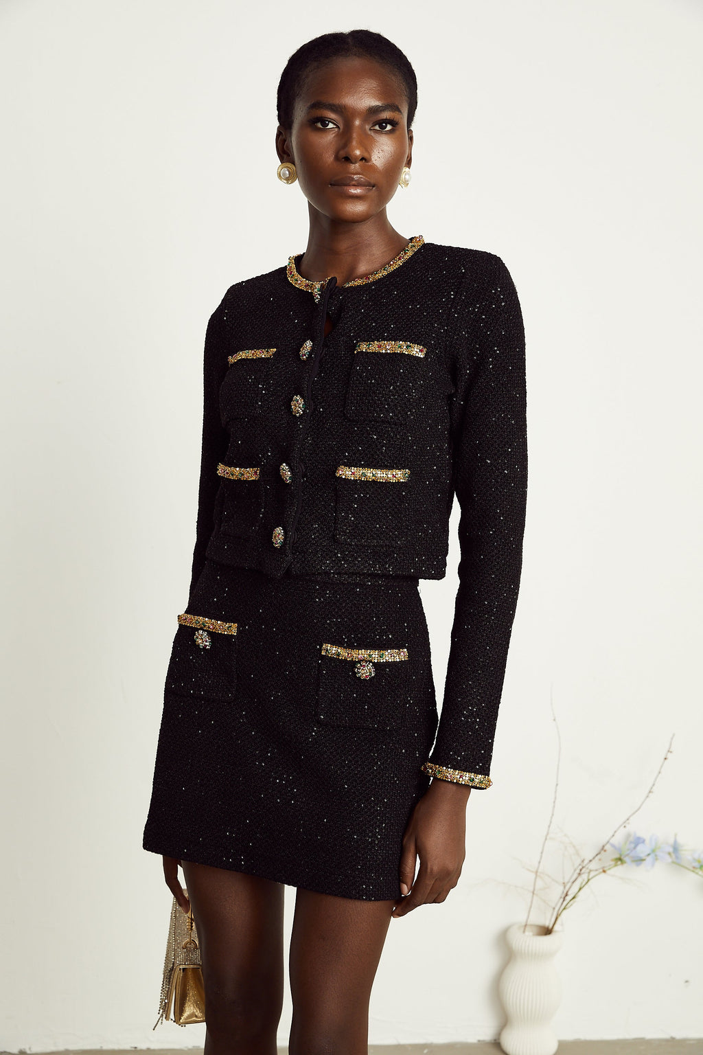 Conjunto de chaqueta y falda de tweed negro con lentejuelas de la marca Final Sale, elegante y a la moda, para ocasiones especiales.