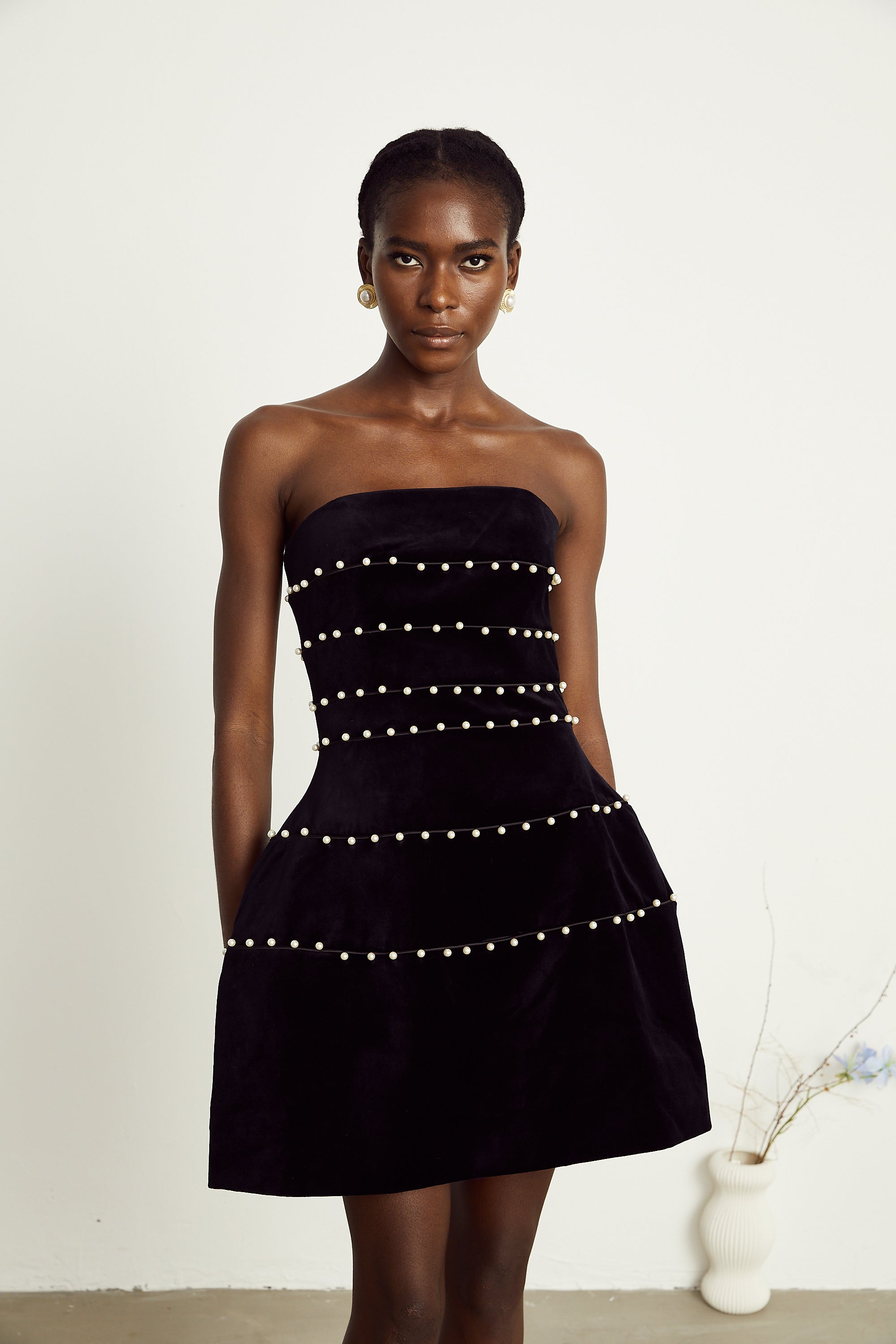 Camille black faux-pearl velvet mini dress (Final Sale-US Only)