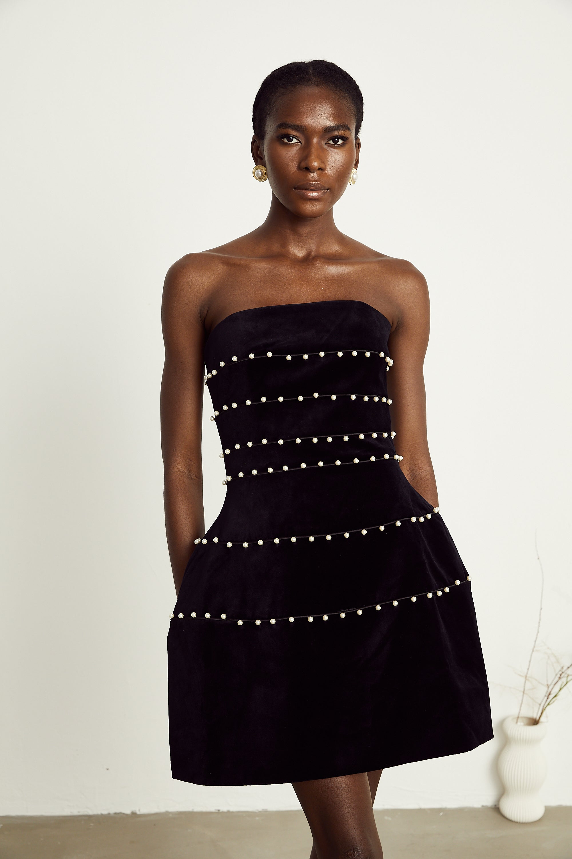 Camille black faux-pearl velvet mini dress (Final Sale-US Only)
