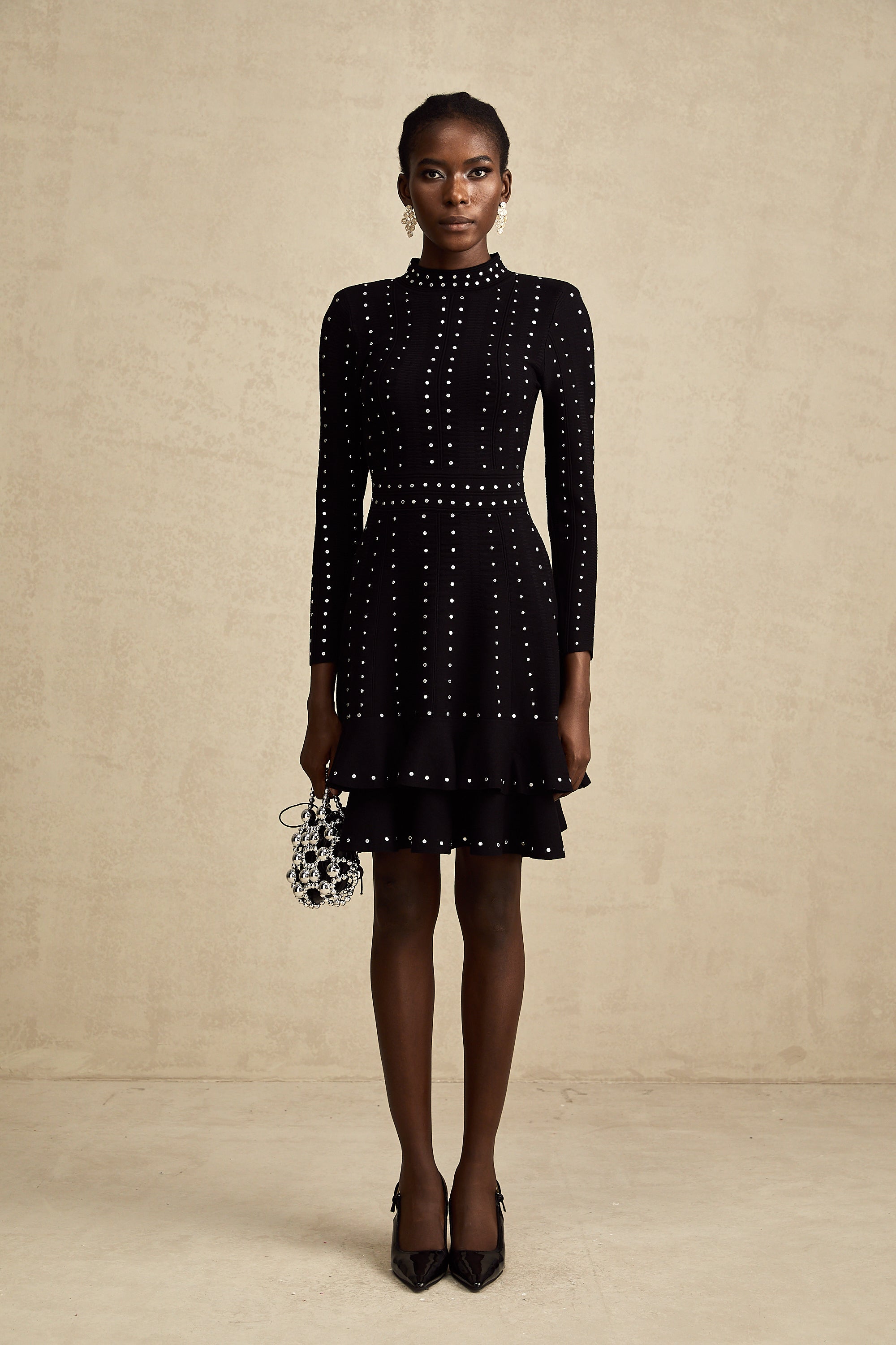 Fabienne Black Embellished Ruffled Knit Mini Dress (Final Sale-US Only)