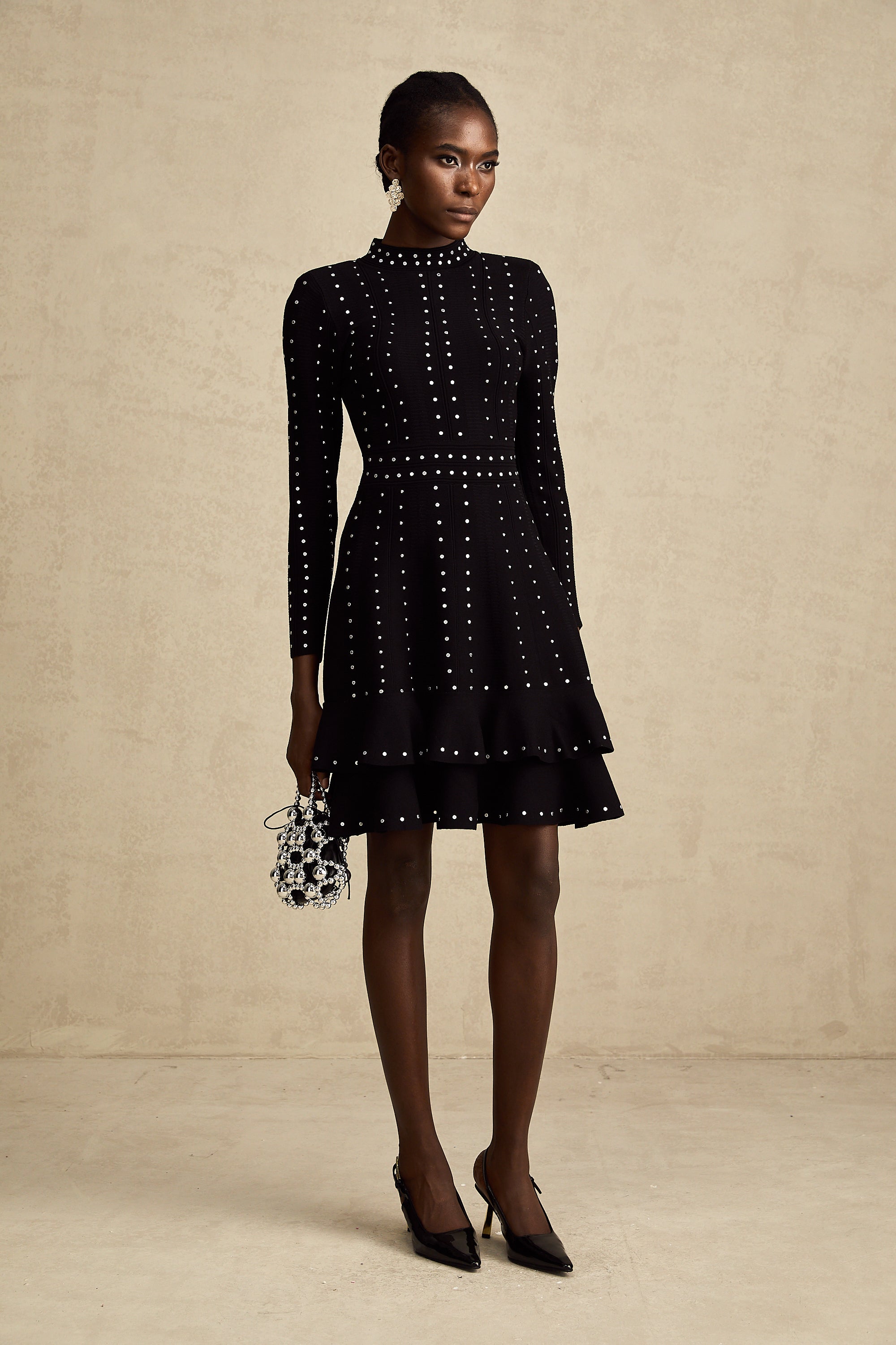 Fabienne Black Embellished Ruffled Knit Mini Dress (Final Sale-US Only)