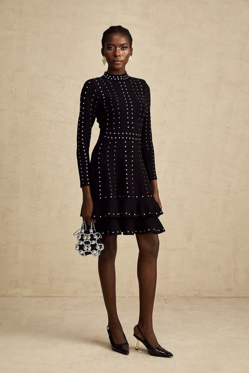Fabienne Black Embellished Ruffled Knit Mini Dress (Final Sale-US Only)