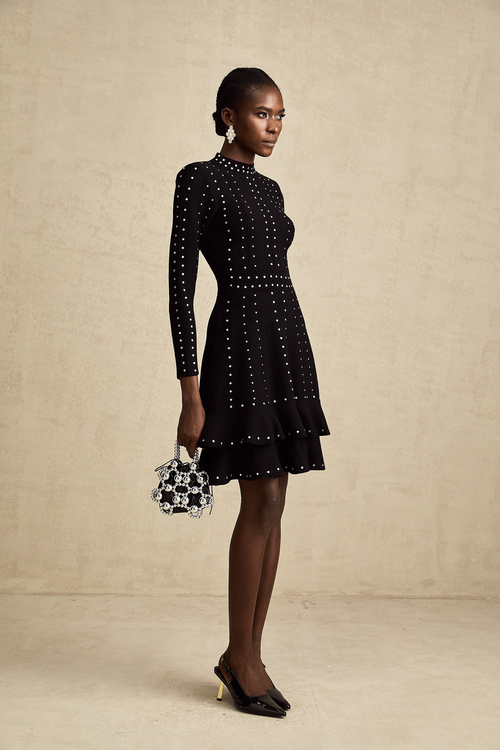 Fabienne Black Embellished Ruffled Knit Mini Dress (Final Sale-US Only)