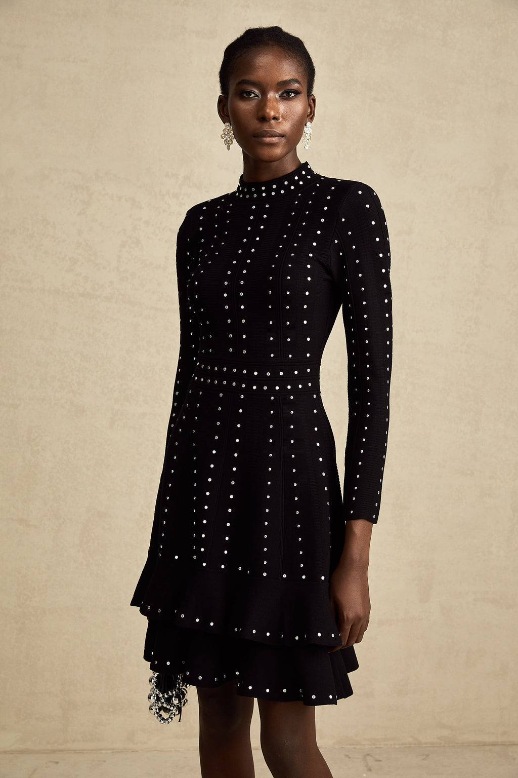 Fabienne Black Embellished Ruffled Knit Mini Dress (Final Sale-US Only)