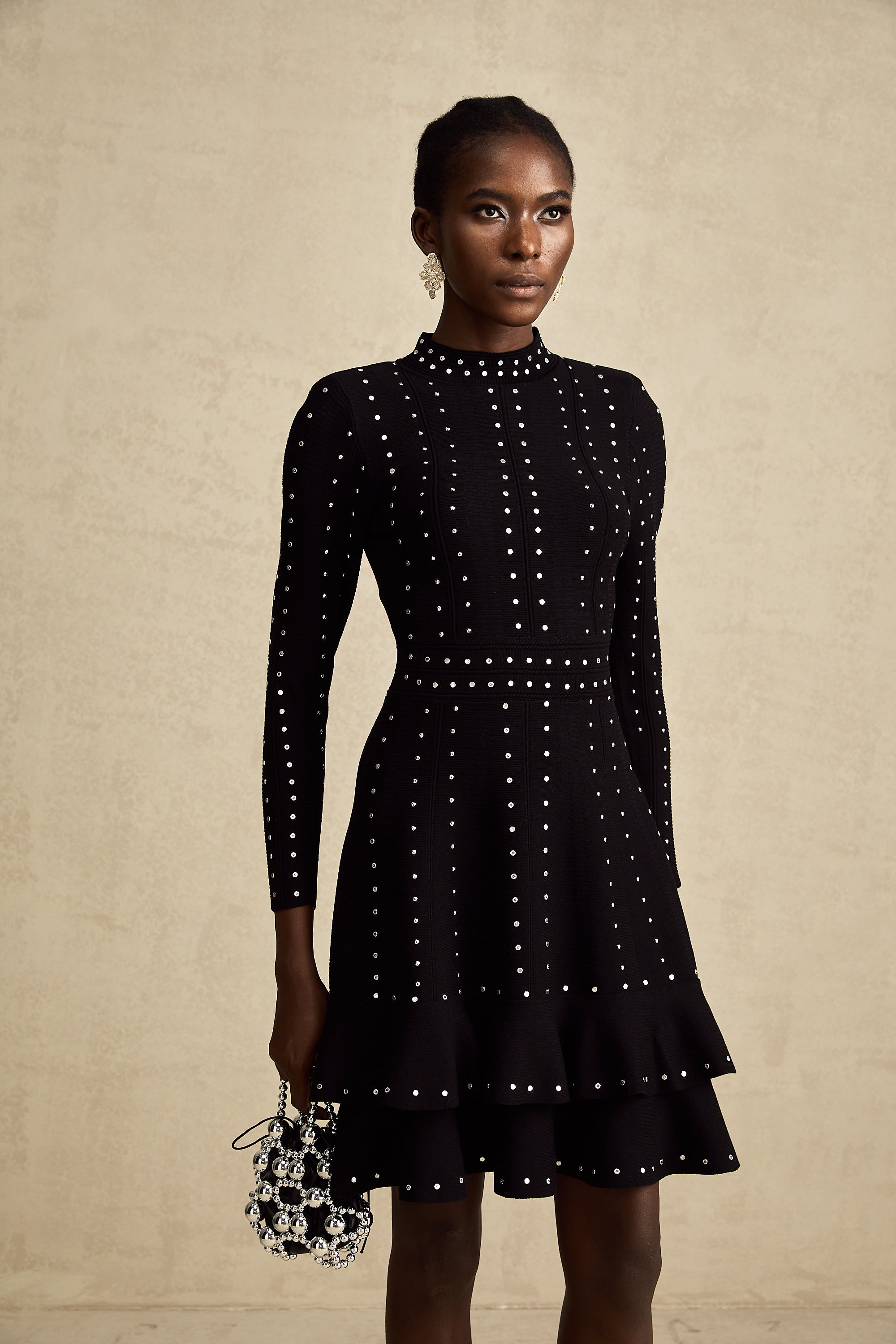 Fabienne Black Embellished Ruffled Knit Mini Dress (Final Sale-US Only)