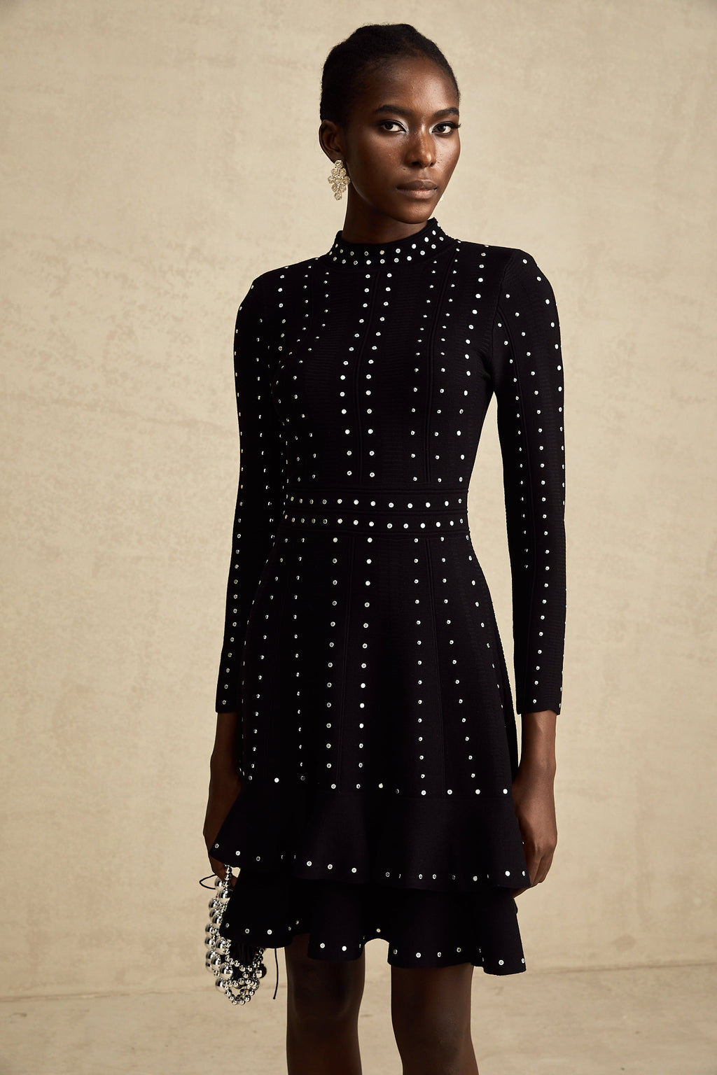 Fabienne Black Embellished Ruffled Knit Mini Dress (Final Sale-US Only)