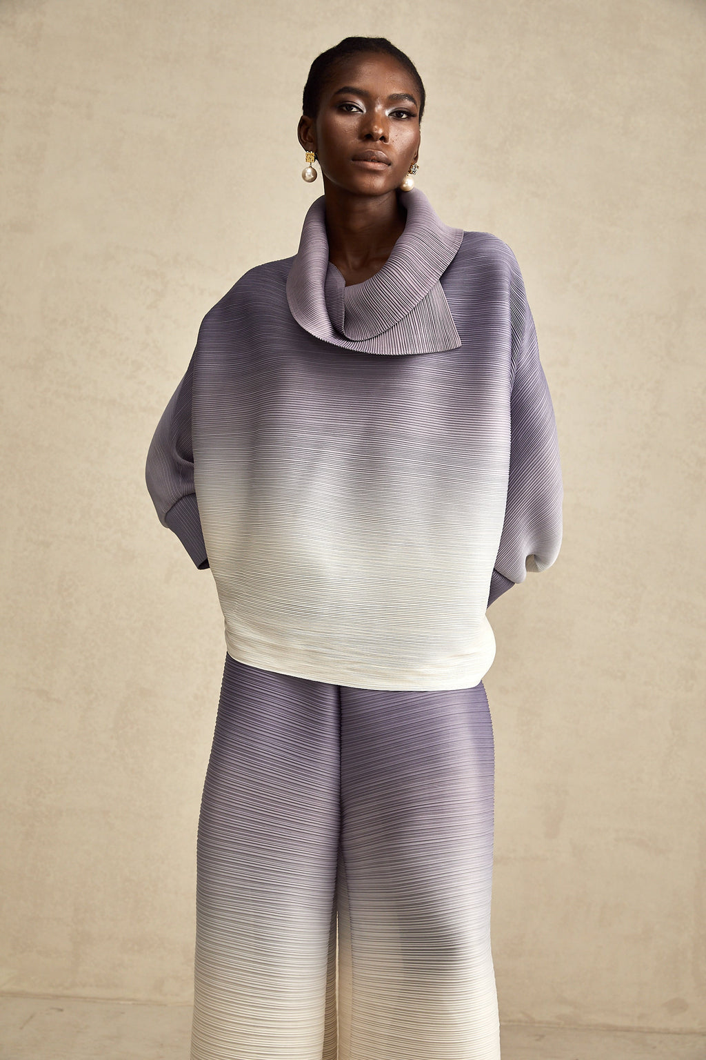 Agathe purple gradient wrinkled blouse & trousers matching set (Final Sale-US Only)