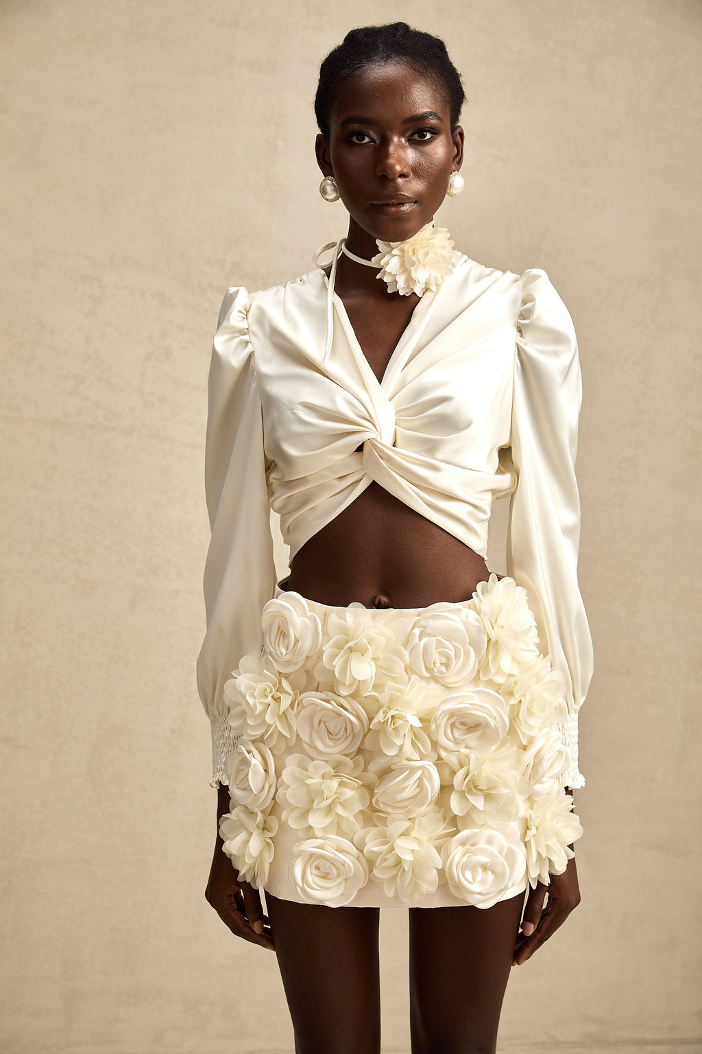 Nouria white faux-flower twist cropped top (Final Sale-US Only)