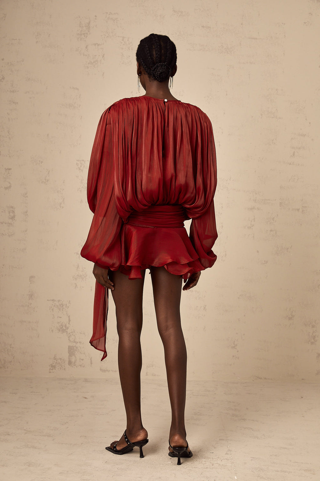 Eugénie Vestido mini rojo con volantes y pliegues