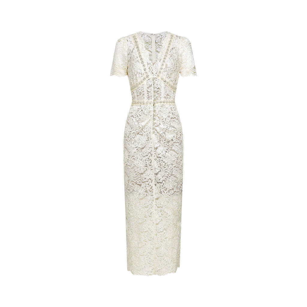 Vestido midi de encaje con adornos Kalena, estilo elegante y sofisticado para ocasiones especiales.