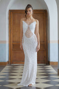 Iseult White Faux Pearl Mesh Maxi Gown (Final Sale-US Only)