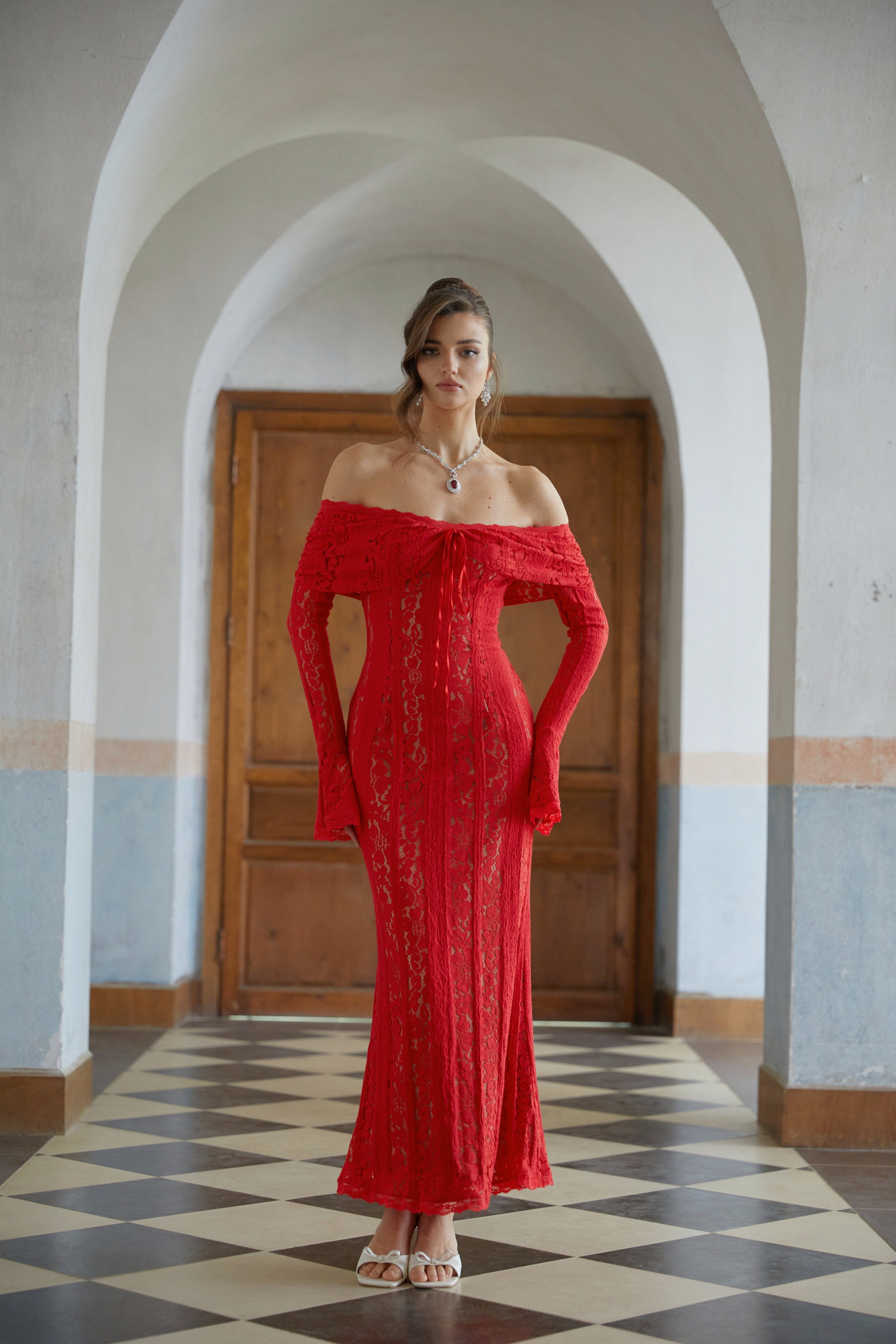 Émeline Red Floral Lace Flared-cuff Midi Dress (Final Sale-US Only)