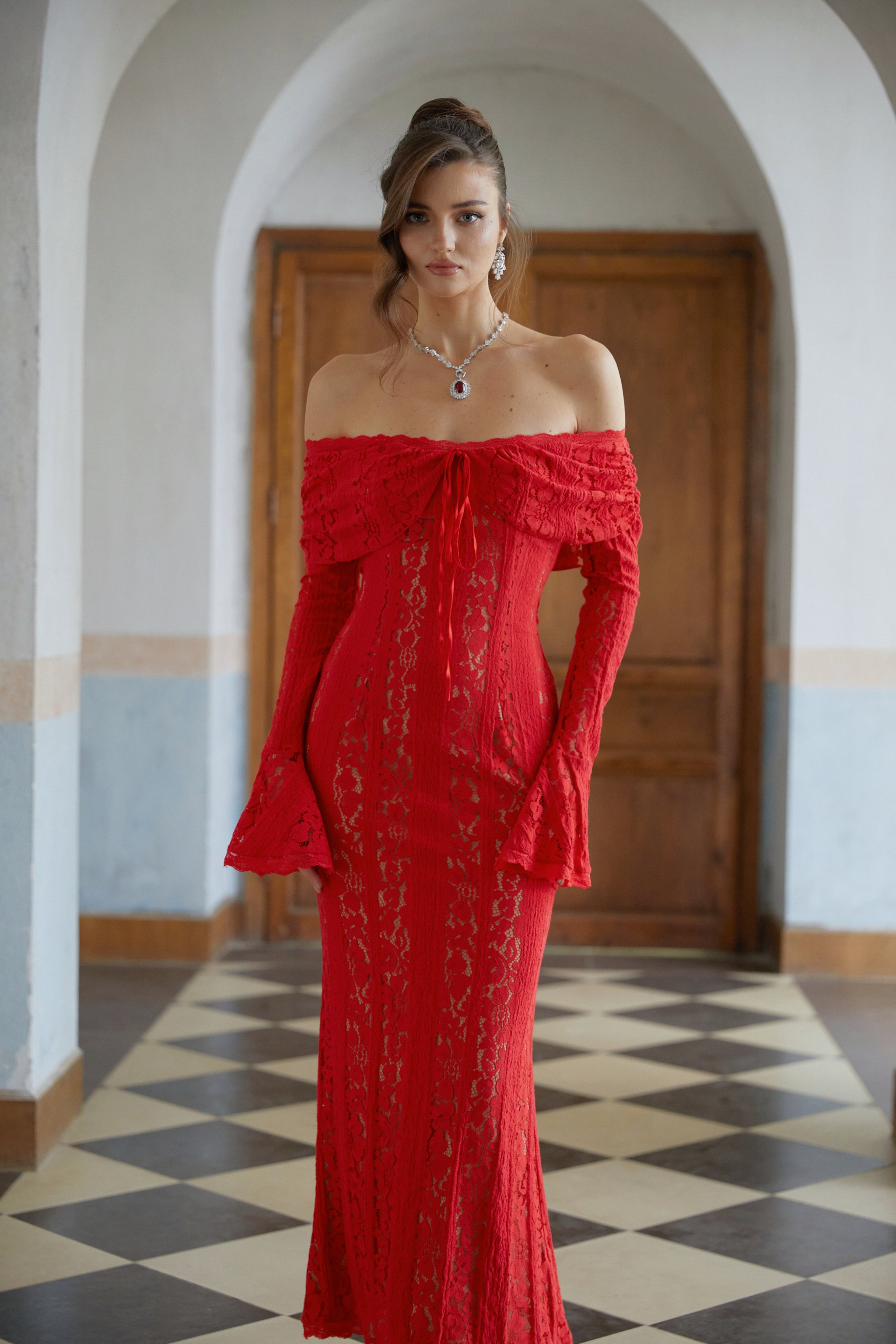 Émeline Red Floral Lace Flared-cuff Midi Dress (Final Sale-US Only)