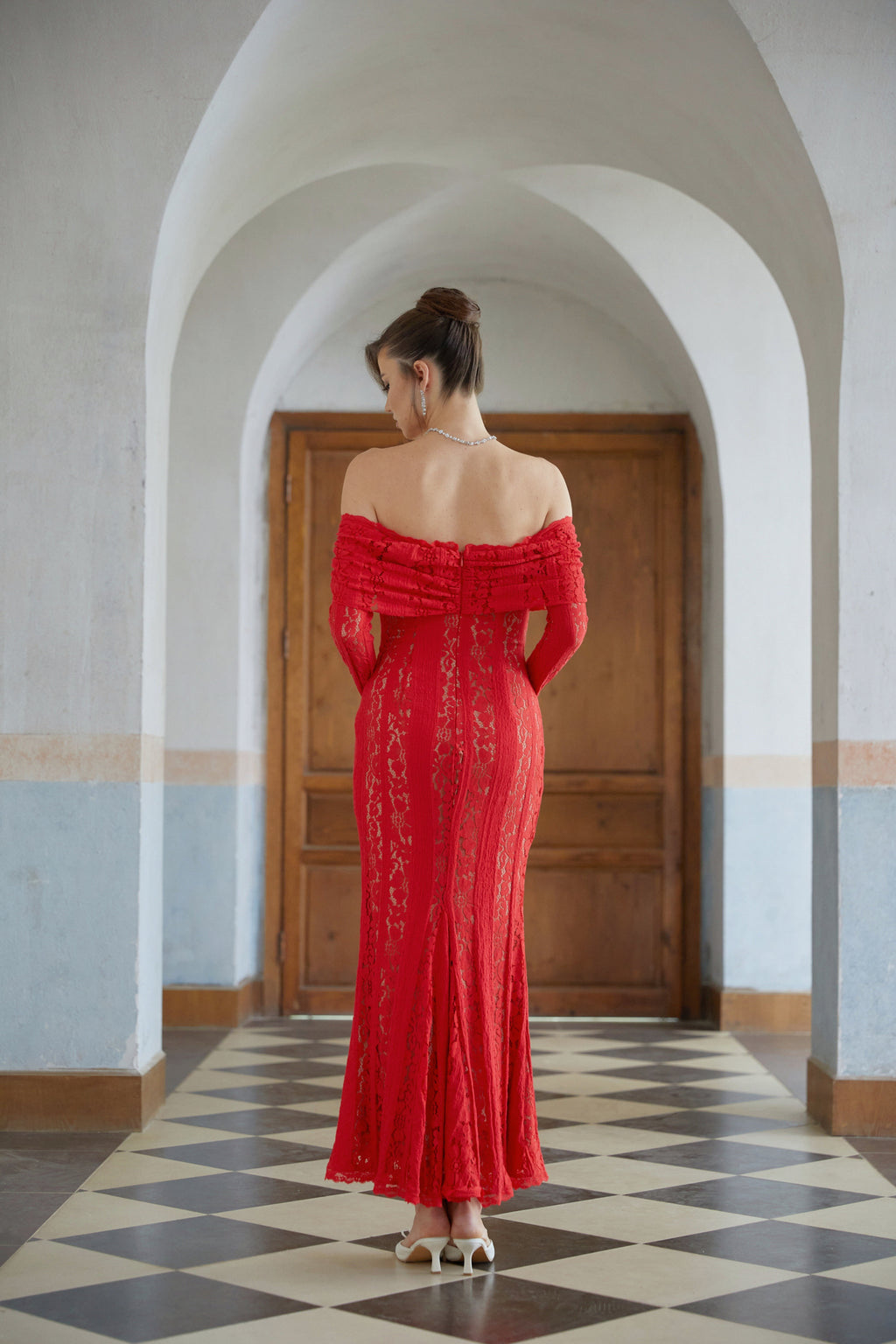 Émeline Red Floral Lace Flared-cuff Midi Dress (Final Sale-US Only)