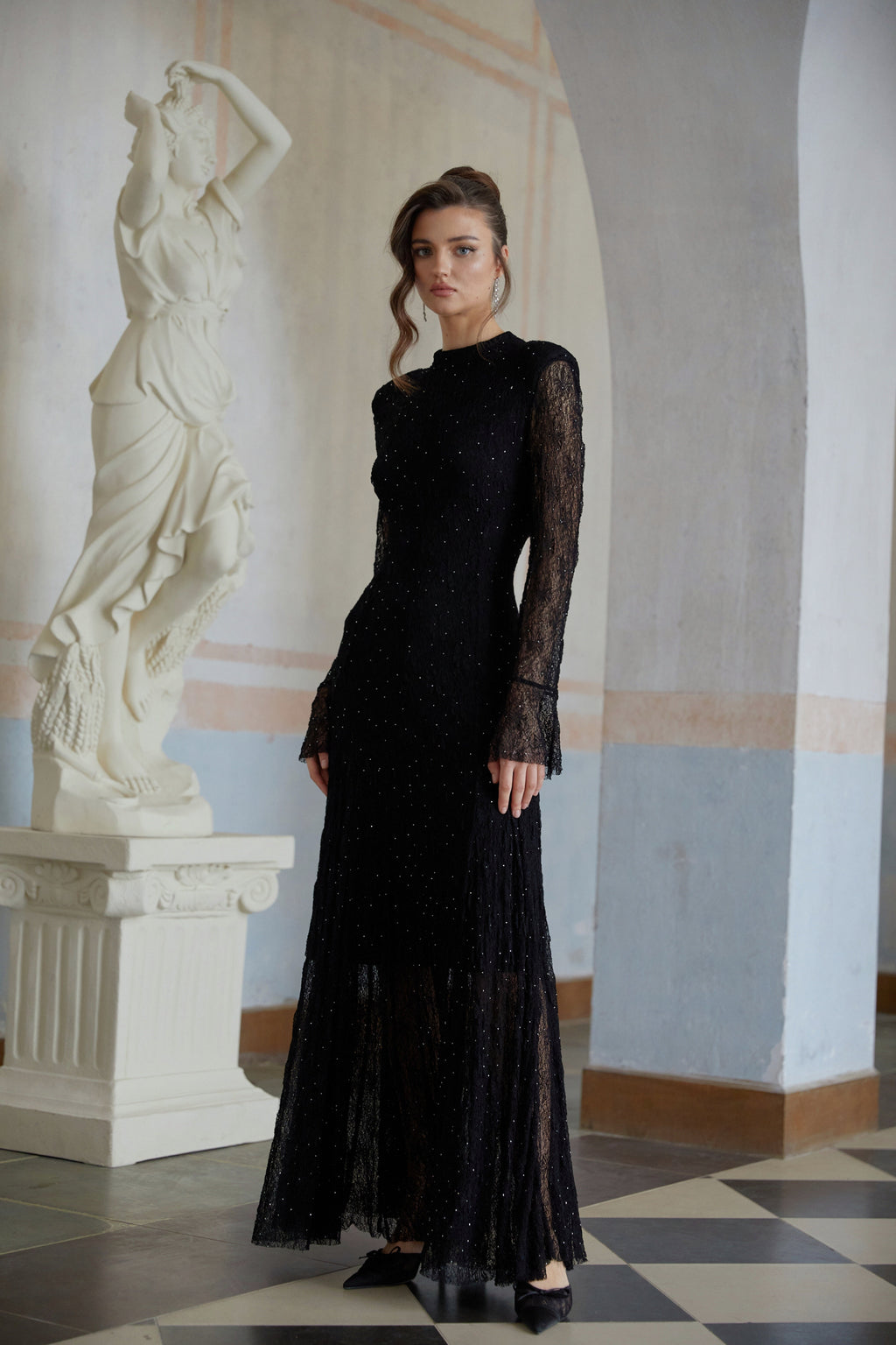 Justyna Black Rhinestone Guipure Lace Maxi Dress (Final Sale-US Only)