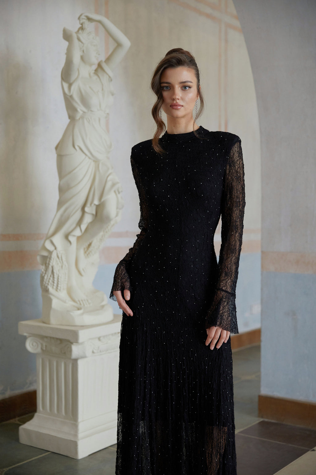 Justyna Black Rhinestone Guipure Lace Maxi Dress (Final Sale-US Only)