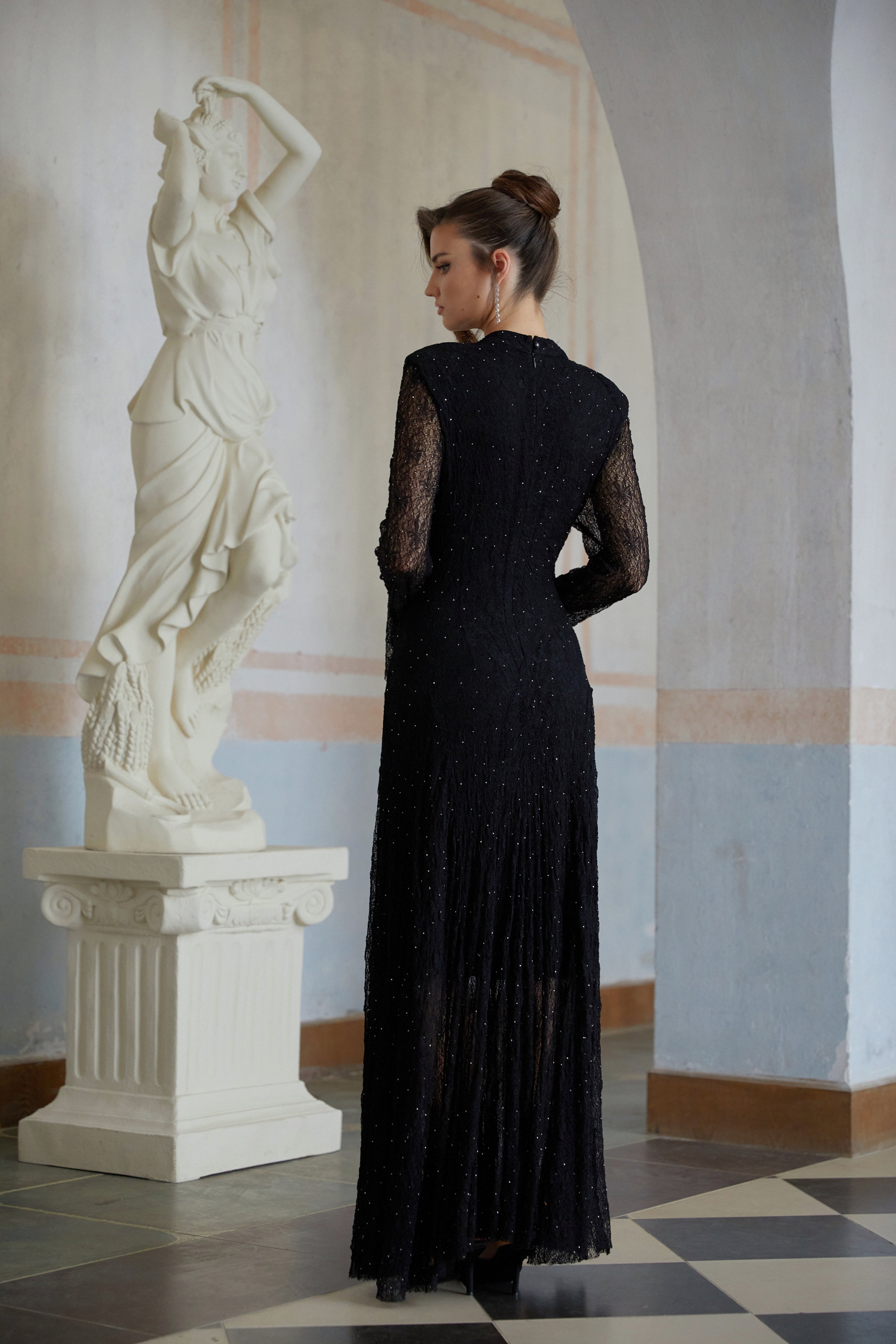 Justyna Black Rhinestone Guipure Lace Maxi Dress (Final Sale-US Only)
