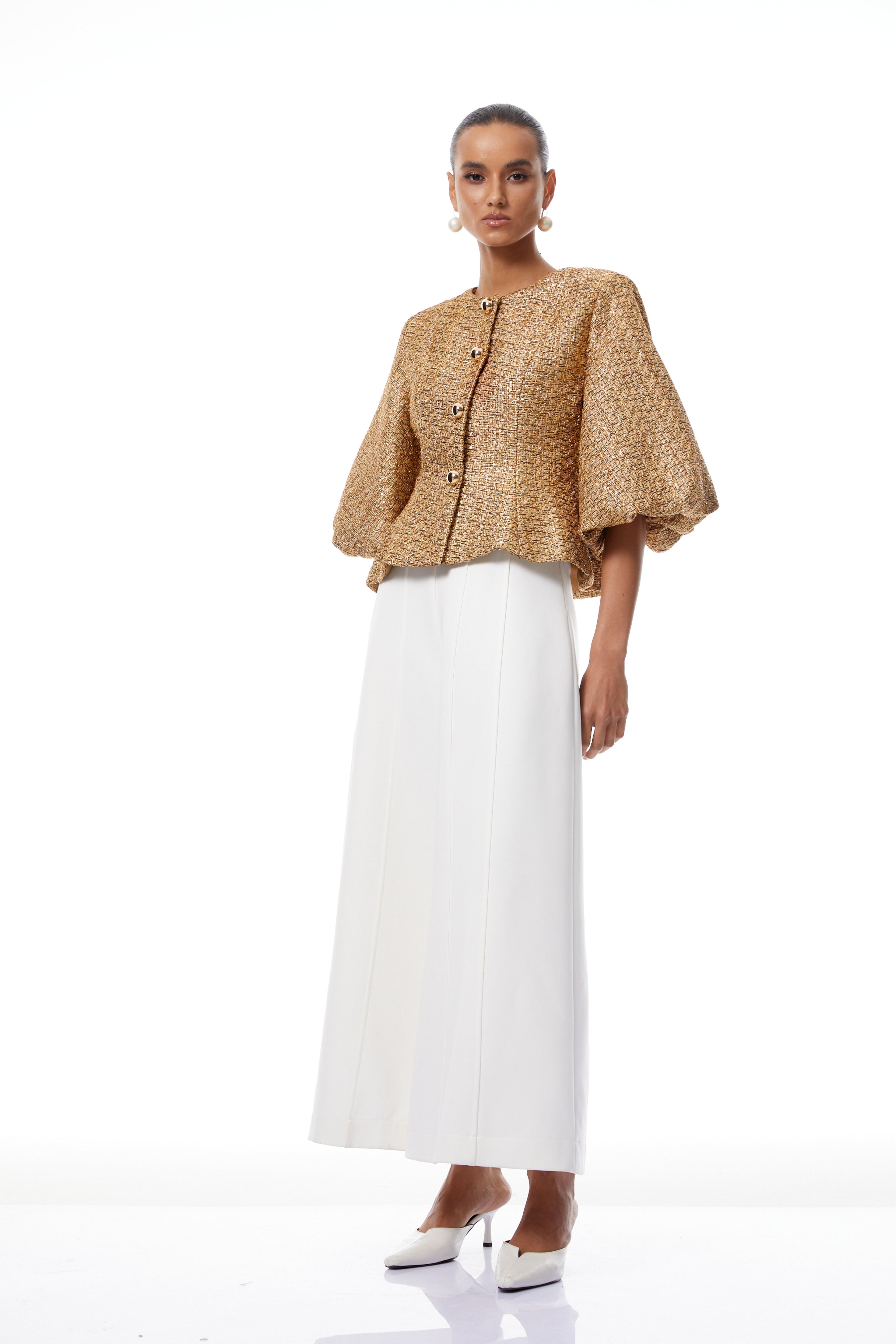 Chaqueta de tweed dorado con lentejuelas Clothilde de Final Sale, vista frontal mostrando detalles brillantes y textura elegante.