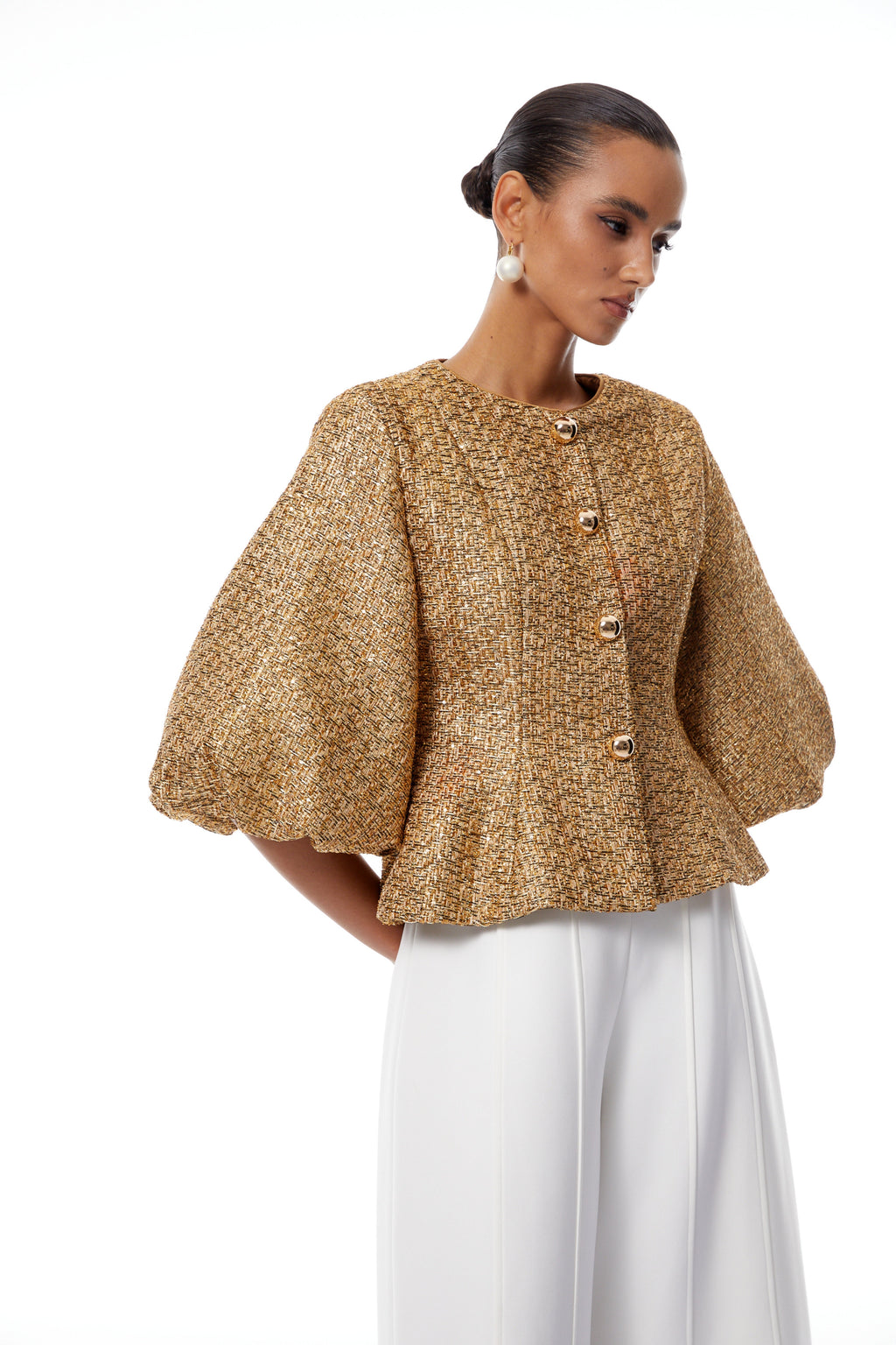 Chaqueta de tweed con lentejuelas doradas Clothilde, estilo elegante y brillante, perfecta para ocasiones especiales.