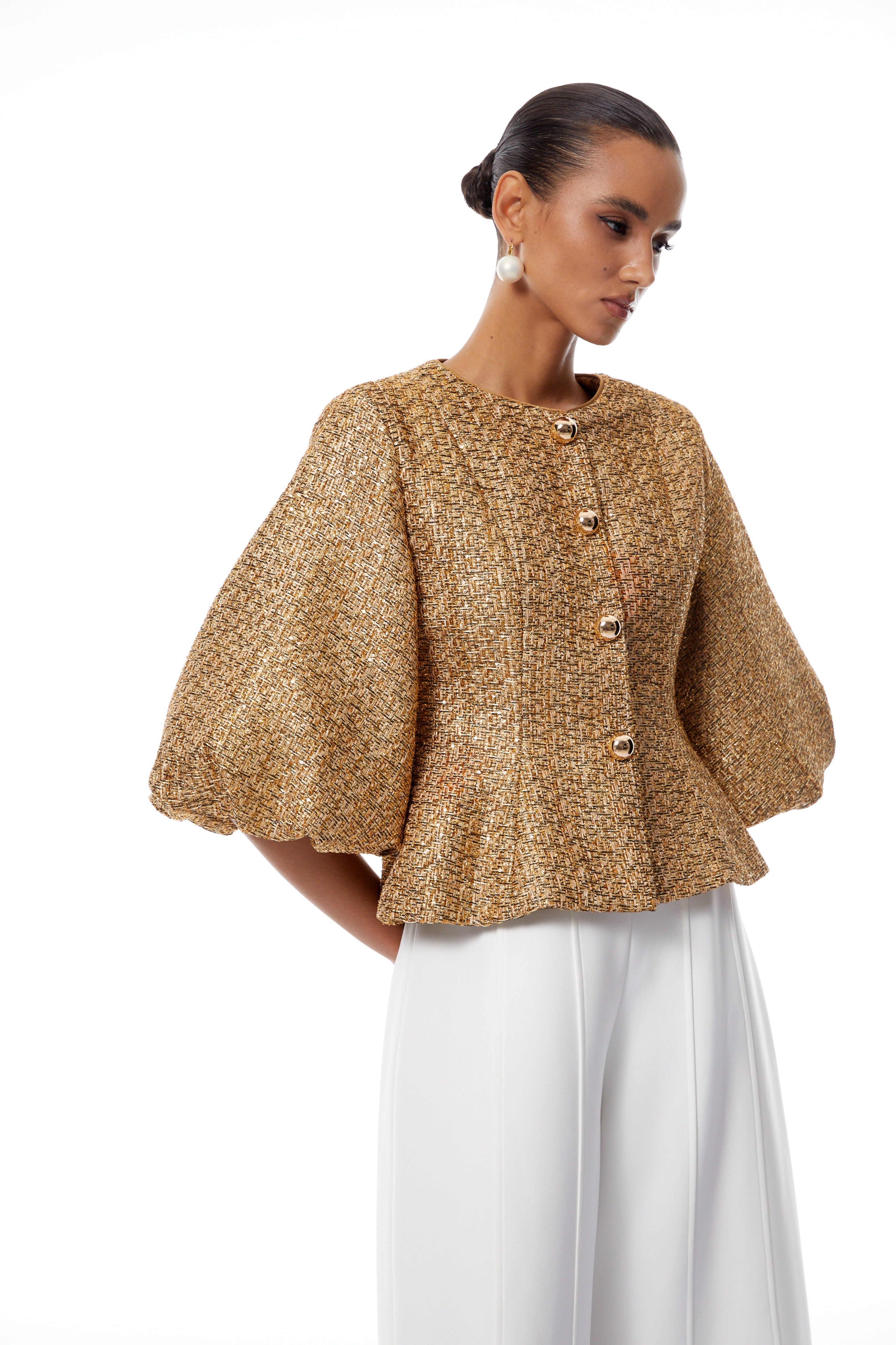 Chaqueta de tweed con lentejuelas doradas Clothilde, estilo elegante y brillante, perfecta para ocasiones especiales.