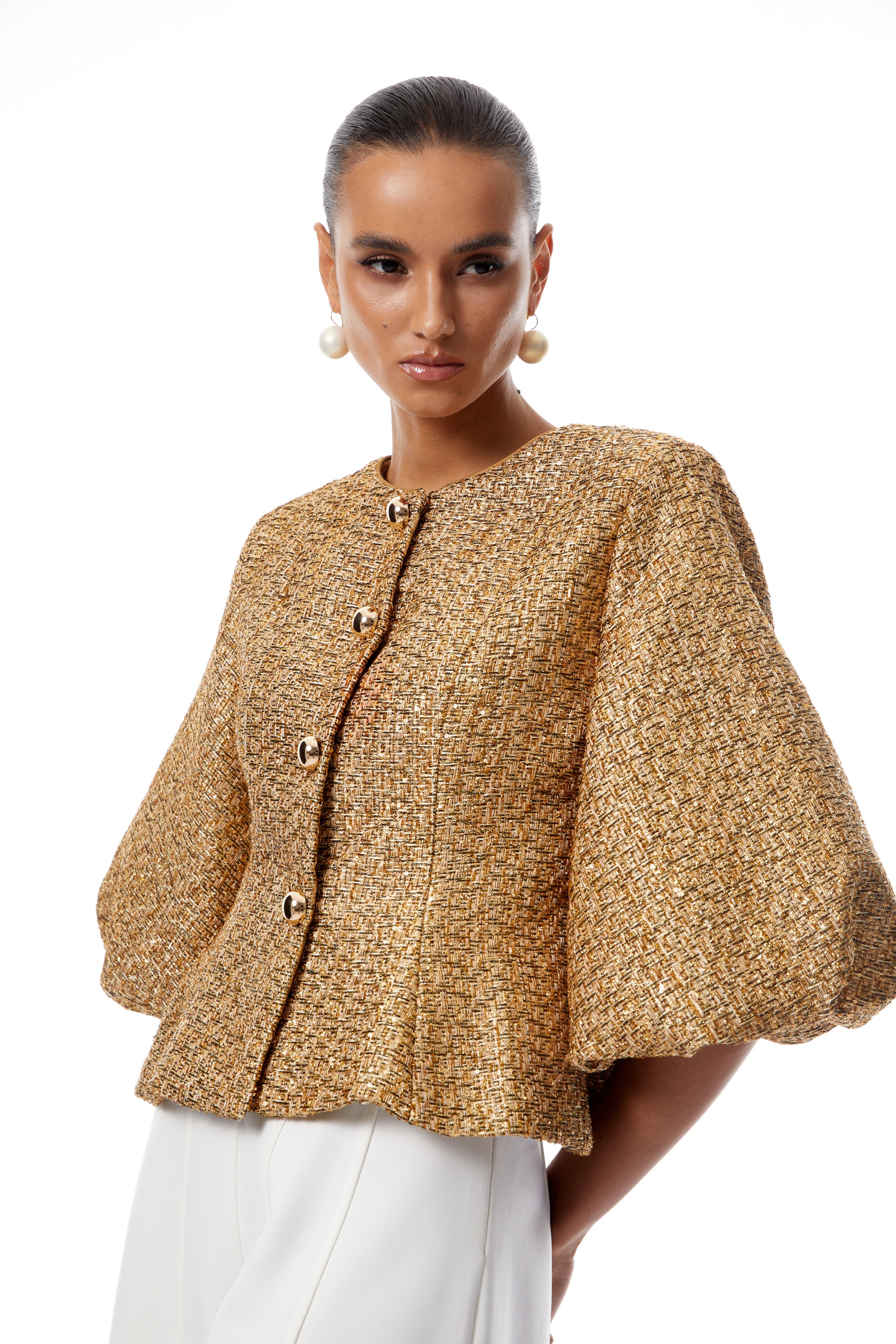 Chaqueta de tweed dorado con lentejuelas Clothilde de la marca Final Sale, vista frontal en color dorado y textura brillante.