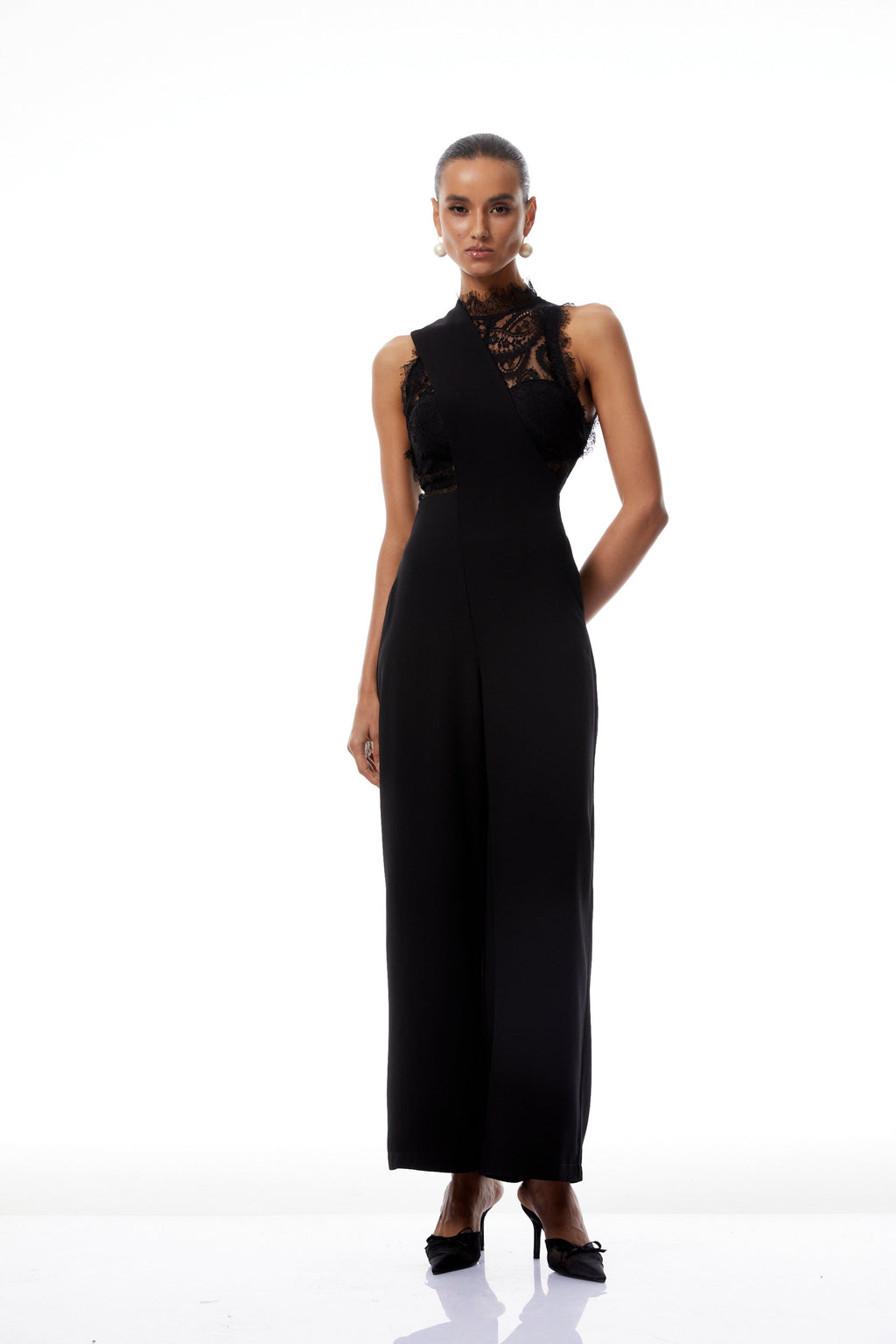Mélisande Black Lace Top & Asymmetrical Strap Overalls Set (Final Sale-US Only)