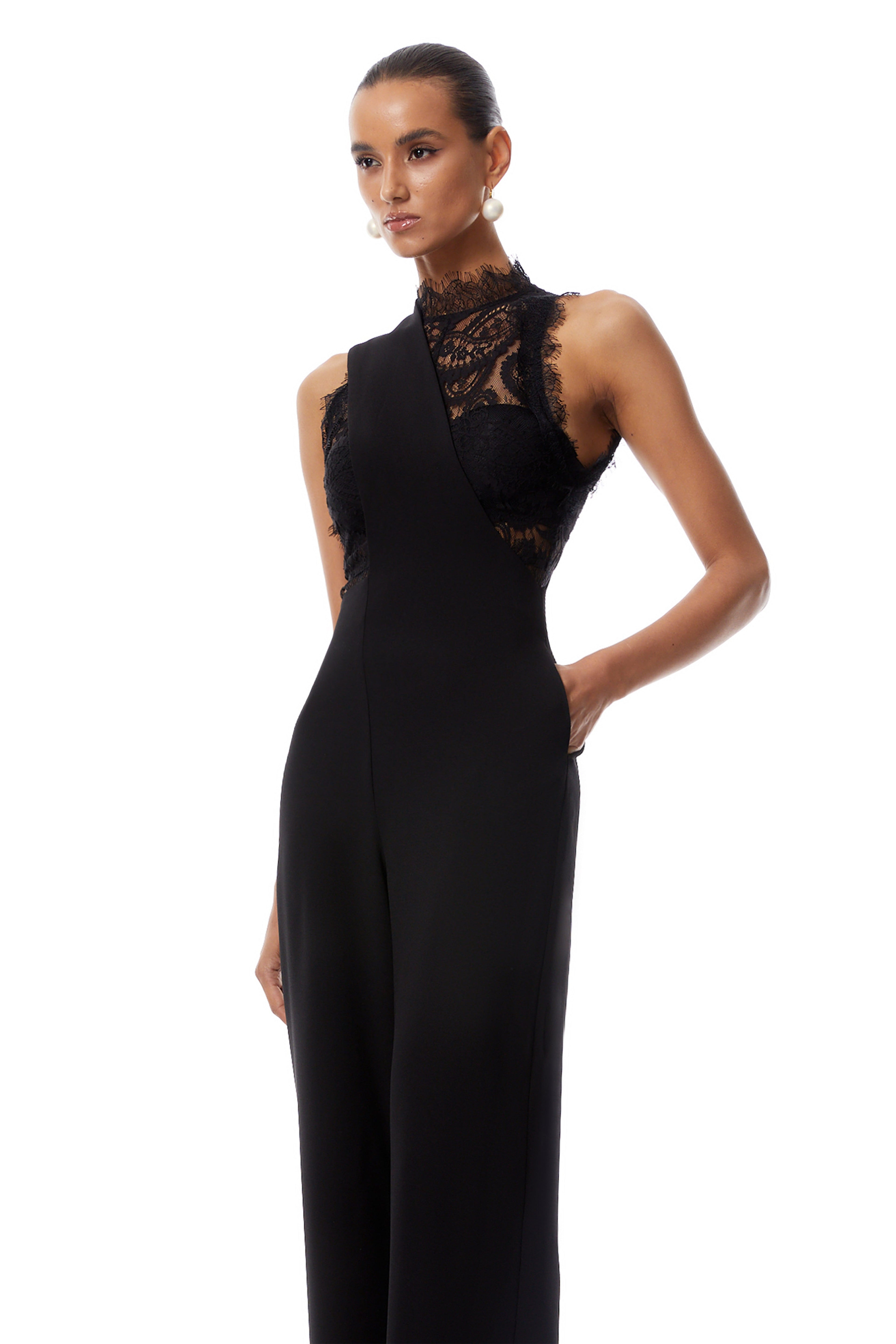Mélisande Black Lace Top & Asymmetrical Strap Overalls Set (Final Sale-US Only)