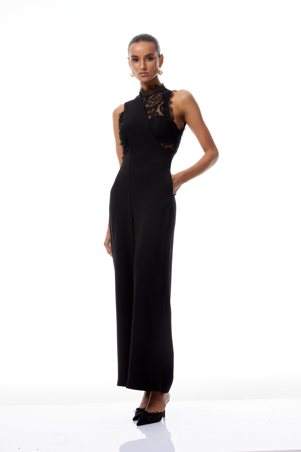Mélisande Black Lace Top & Asymmetrical Strap Overalls Set (Final Sale-US Only)