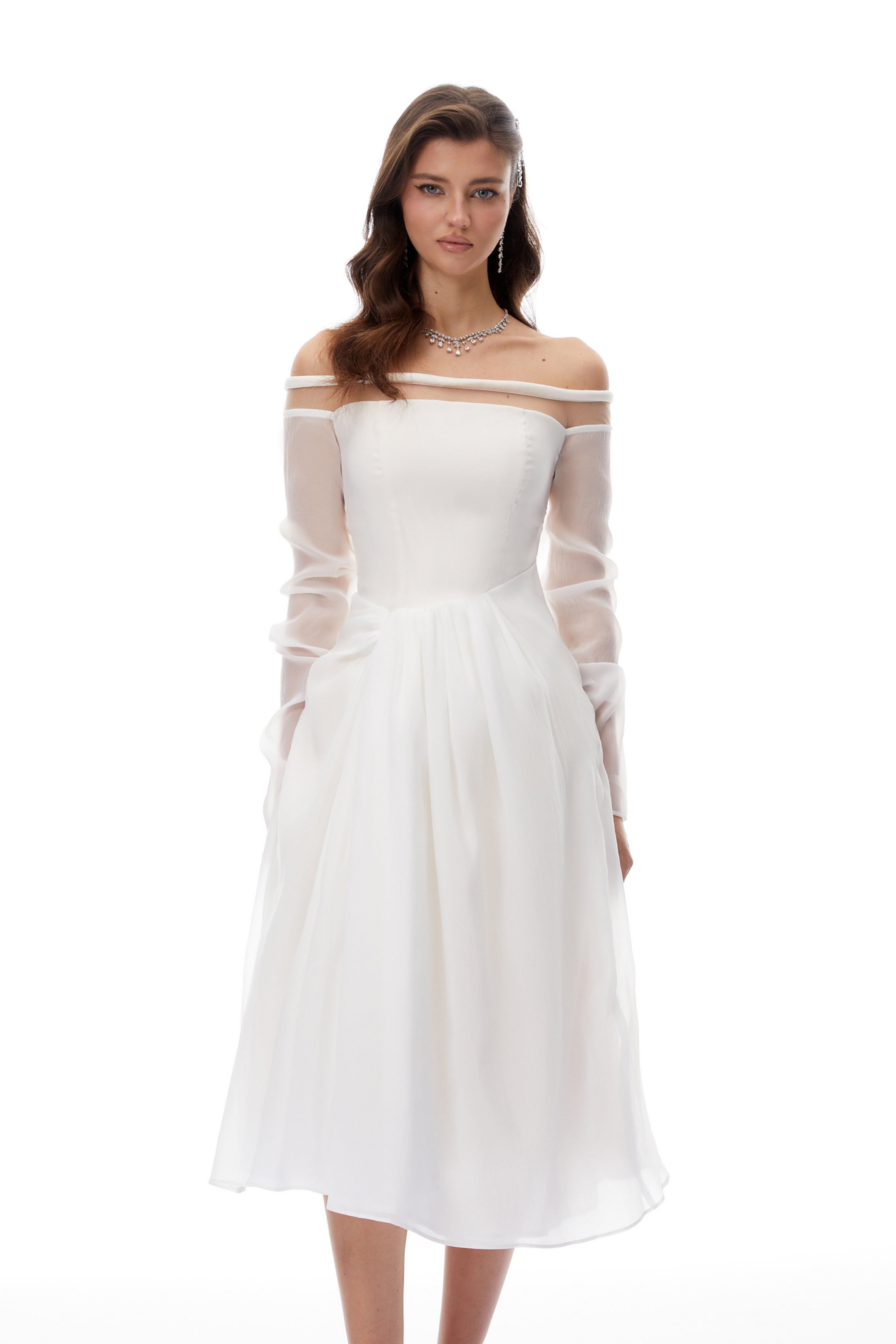 Gelsomina White Gathered Crepe Midi Dress (Final Sale-US Only)